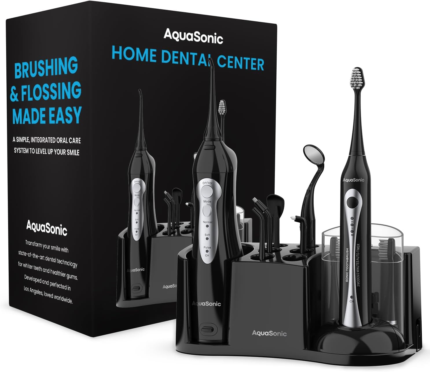 AquaSonic Home Dental Center Rechargeable Power Toothbrush  Smart Water Flosser - Complete Family Oral Care System - 10 Attachments and Tips Included - Various Modes  Timers (Black)