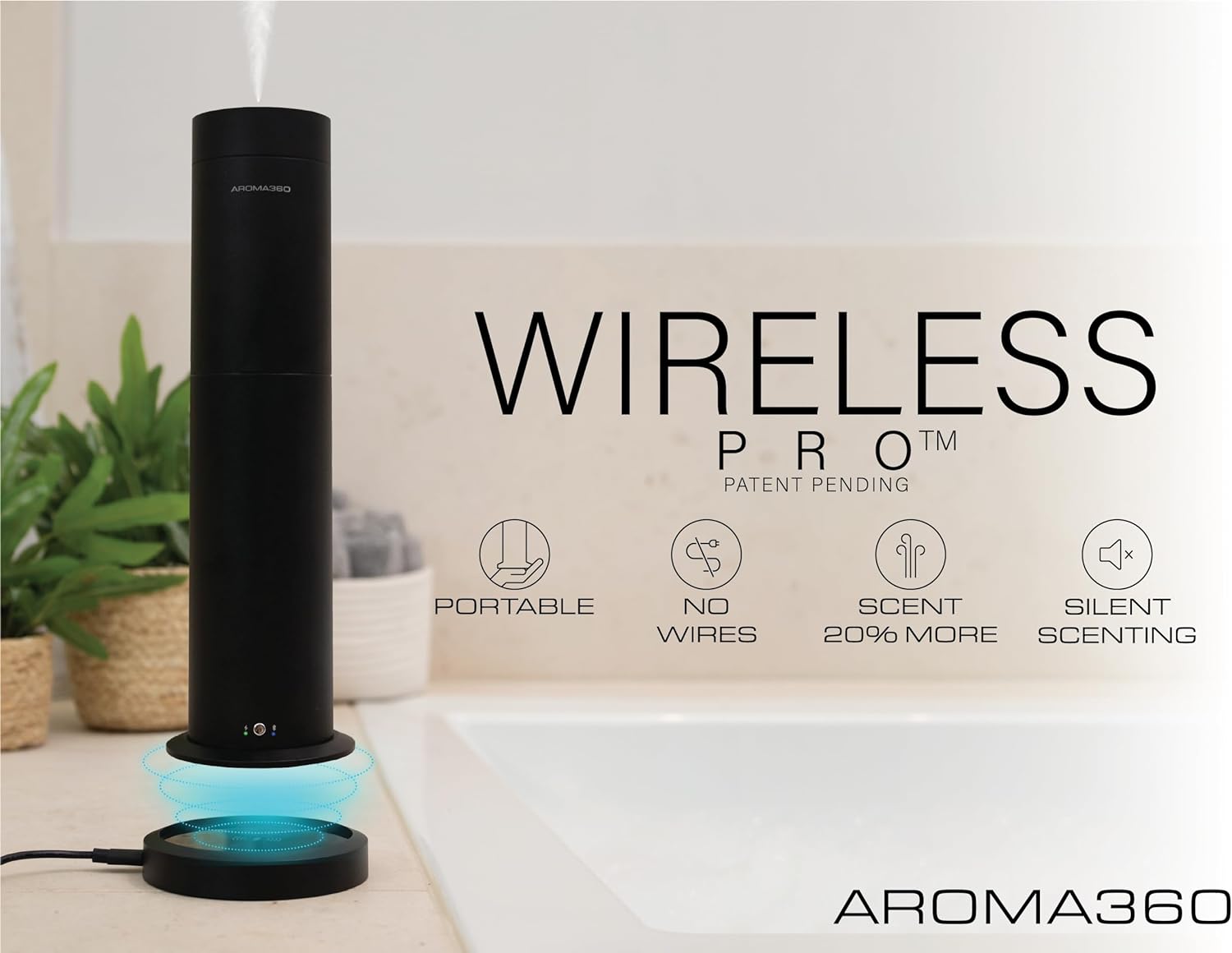 Aroma360 - Wireless Pro Essential Oil Diffuser - 600 sq ft Coverage - Cordless  Portable with Remote - Aromatherapy Scent Diffuser - Home, Spa, Office  Business - Air Freshener - Metallic Silver