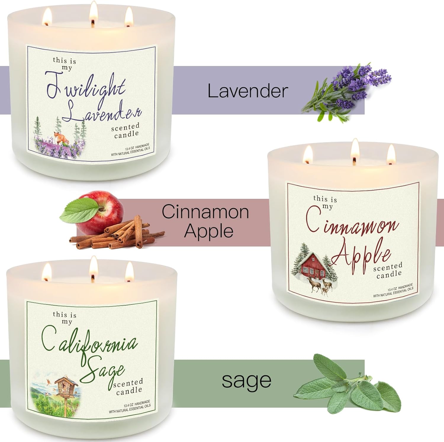 Candles for Home Scented, 3 Pack 3 Wick Large Jar Soy Candle, Bath and Body Works Candles，40.2 oz 300 Hour Long Lasting Candles,Lavender  Sage  Apple Cinnamon Aromatherapy Candle Gift Set