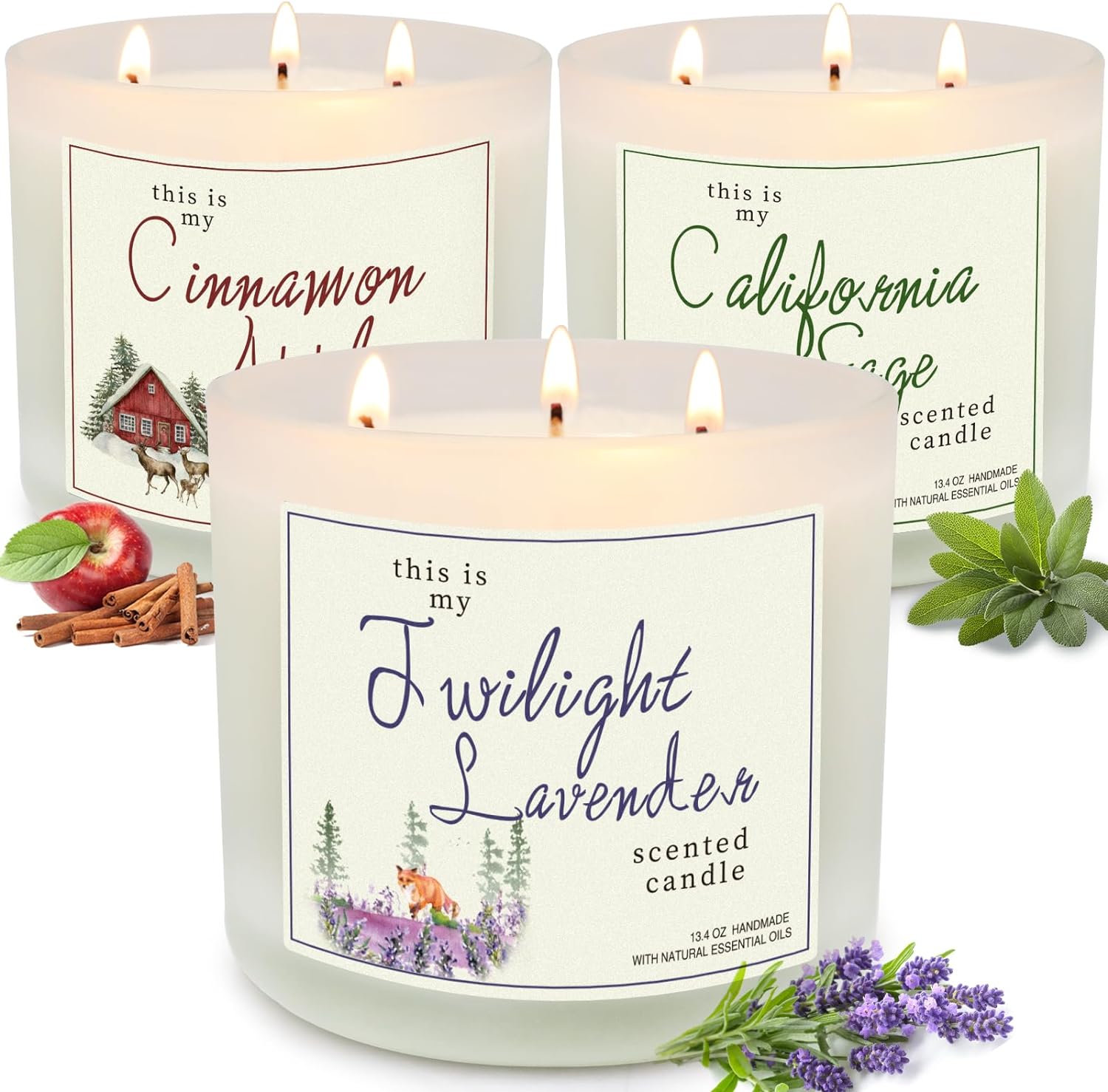 Candles for Home Scented, 3 Pack 3 Wick Large Jar Soy Candle, Bath and Body Works Candles，40.2 oz 300 Hour Long Lasting Candles,Lavender  Sage  Apple Cinnamon Aromatherapy Candle Gift Set