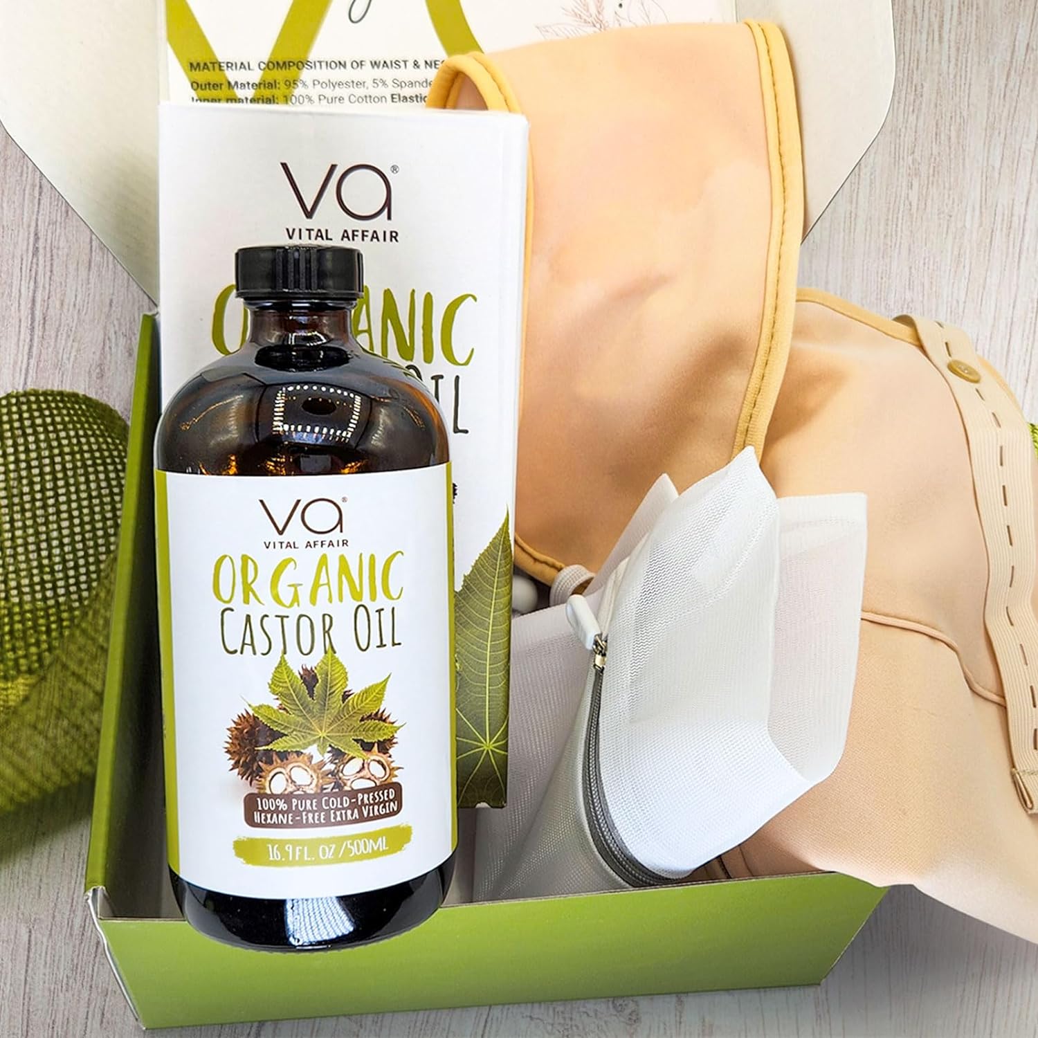 Castor Oil Organic Cold Pressed Unrefined Glass Bottle-Castor Oil Wrap With 100% Cotton Flannel-Organic Castor Oil Pack Wrap-Castor Oil Packs For Liver Detox-Castor Oil Hexane Free.