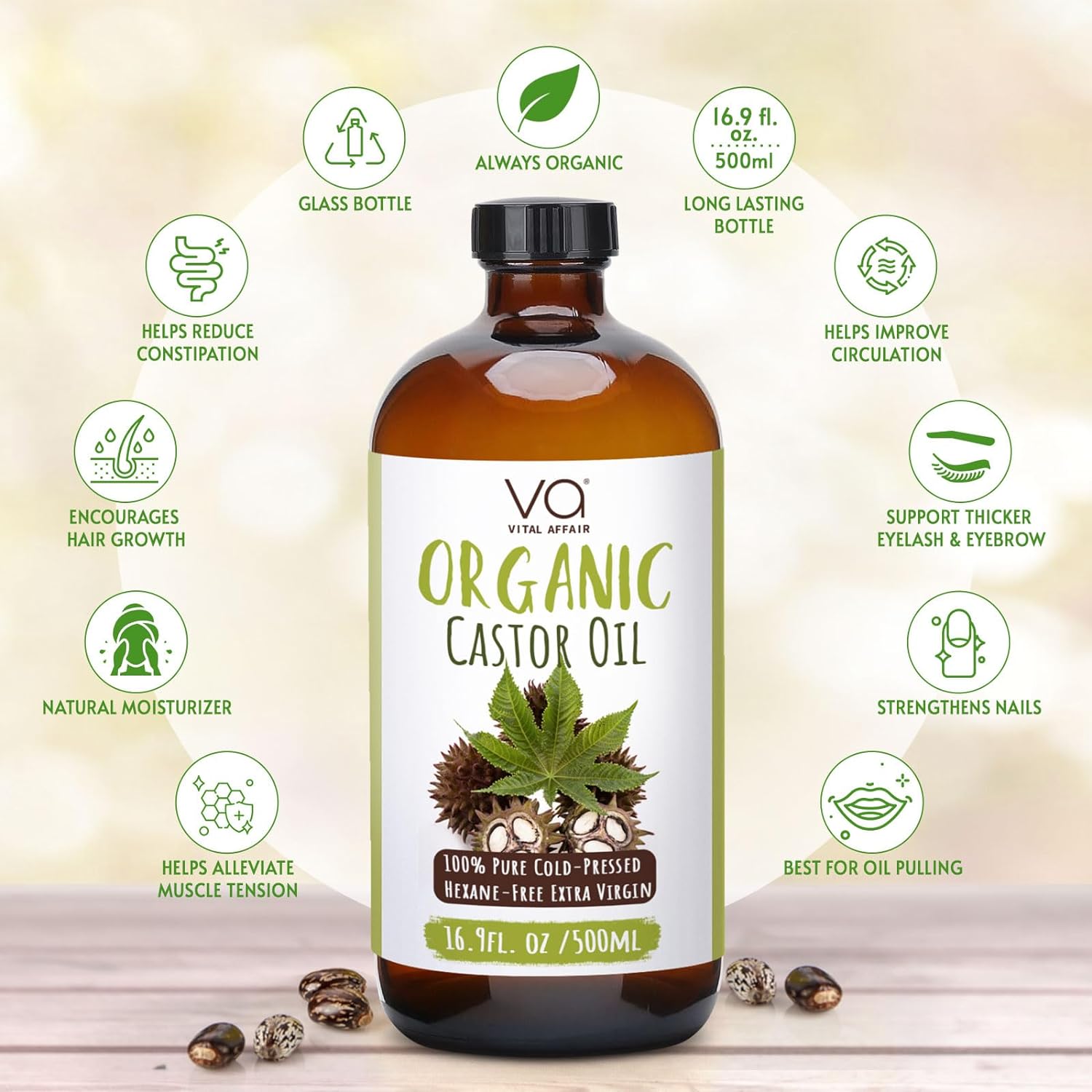 Castor Oil Organic Cold Pressed Unrefined Glass Bottle-Castor Oil Wrap With 100% Cotton Flannel-Organic Castor Oil Pack Wrap-Castor Oil Packs For Liver Detox-Castor Oil Hexane Free.