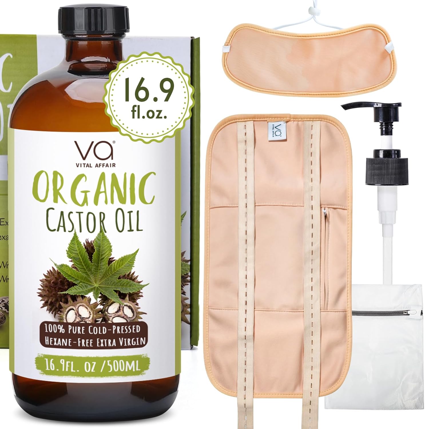 Castor Oil Organic Cold Pressed Unrefined Glass Bottle-Castor Oil Wrap With 100% Cotton Flannel-Organic Castor Oil Pack Wrap-Castor Oil Packs For Liver Detox-Castor Oil Hexane Free.