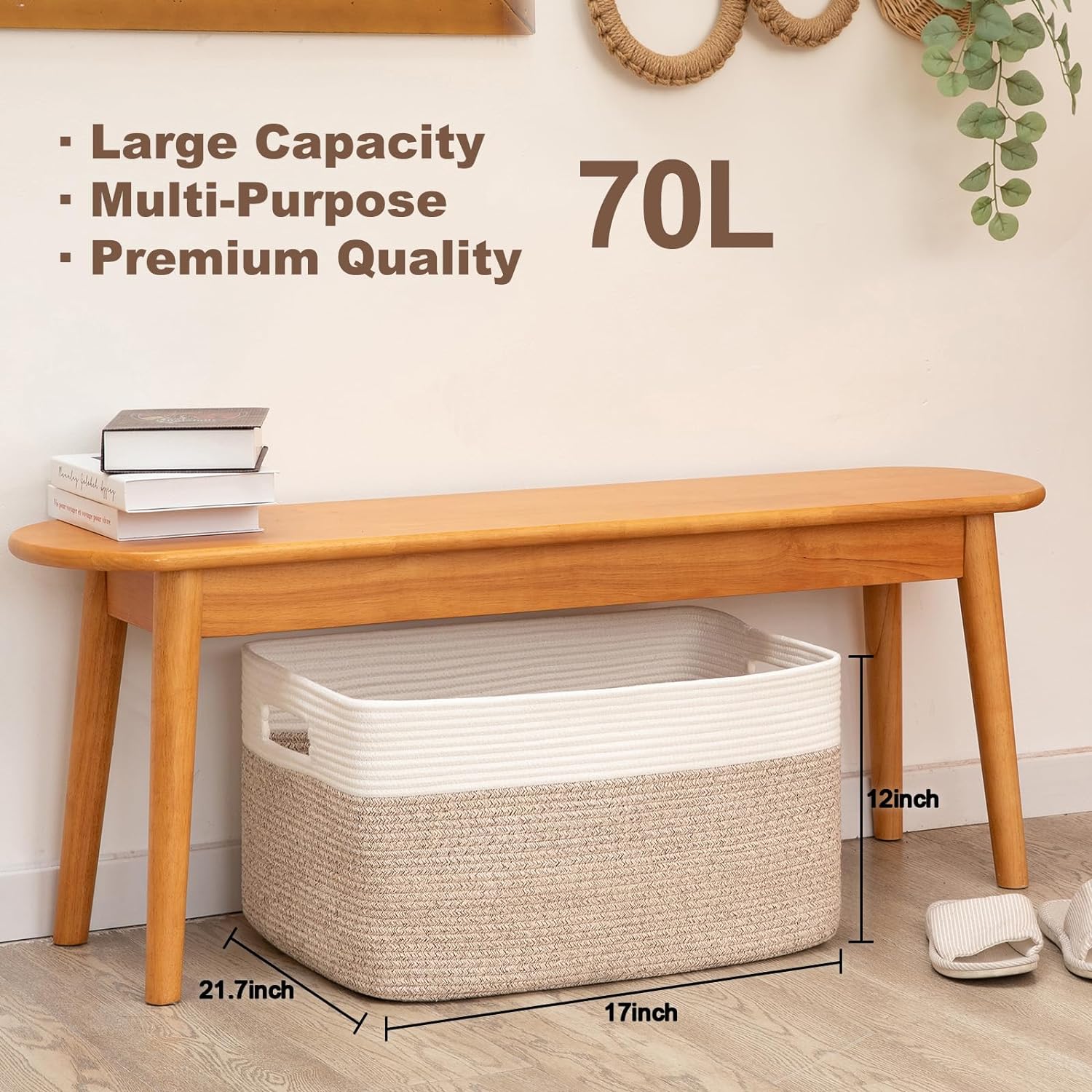Extra Large Laundry Basket, Cotton Rope Woven Blanket Basket for Living Room Storage, Nursery Basket for Toys in Baby Room, 21.7×17×12, Brown and White