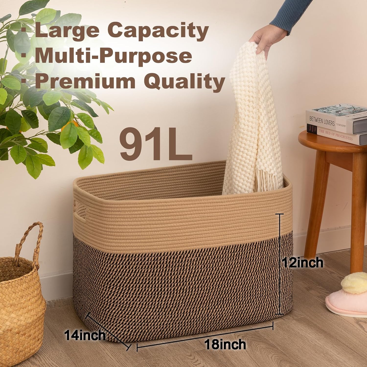 Extra Large Laundry Basket, Cotton Rope Woven Blanket Basket for Living Room Storage, Nursery Basket for Toys in Baby Room, 21.7×17×12, Brown and White