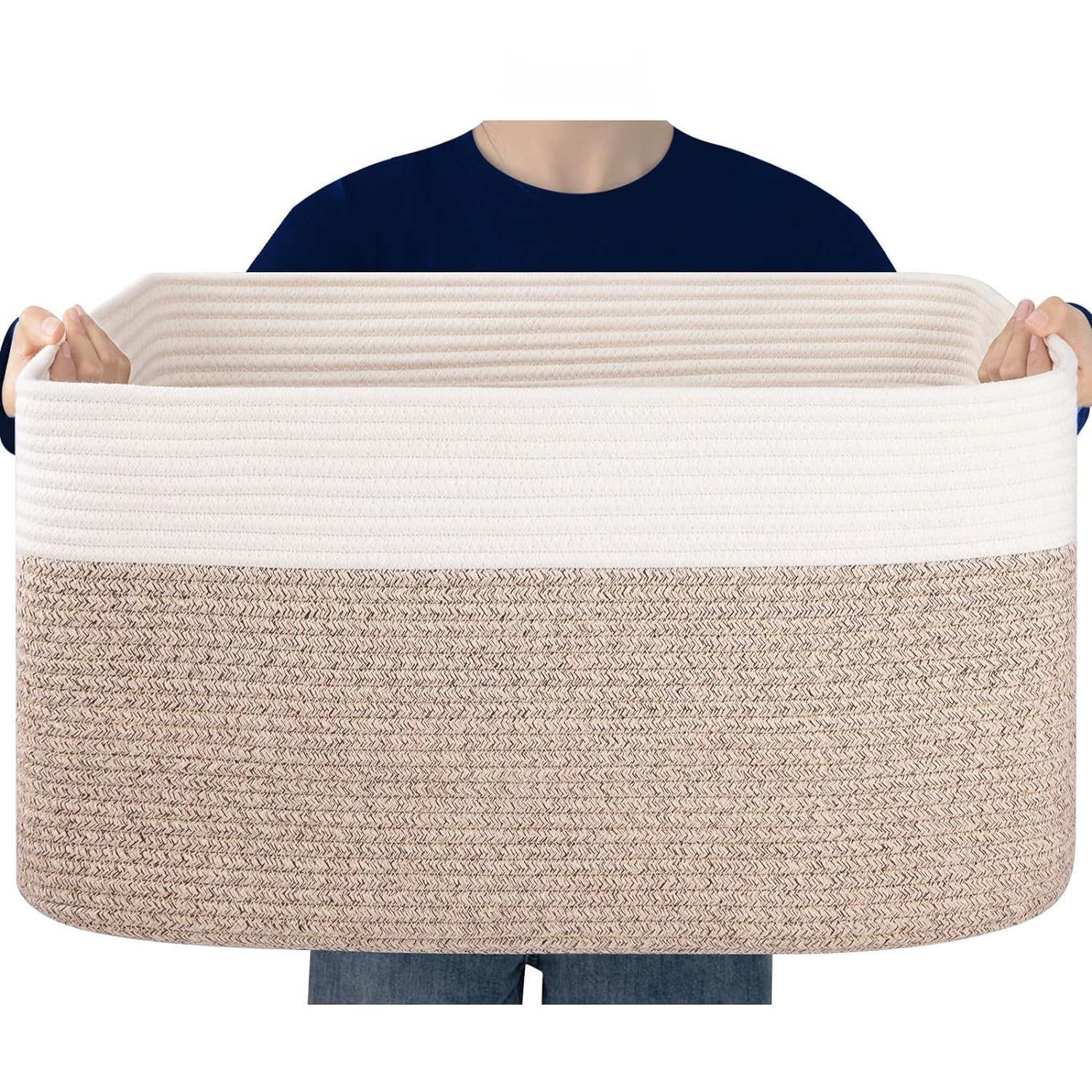 Extra Large Laundry Basket, Cotton Rope Woven Blanket Basket for Living Room Storage, Nursery Basket for Toys in Baby Room, 21.7×17×12, Brown and White