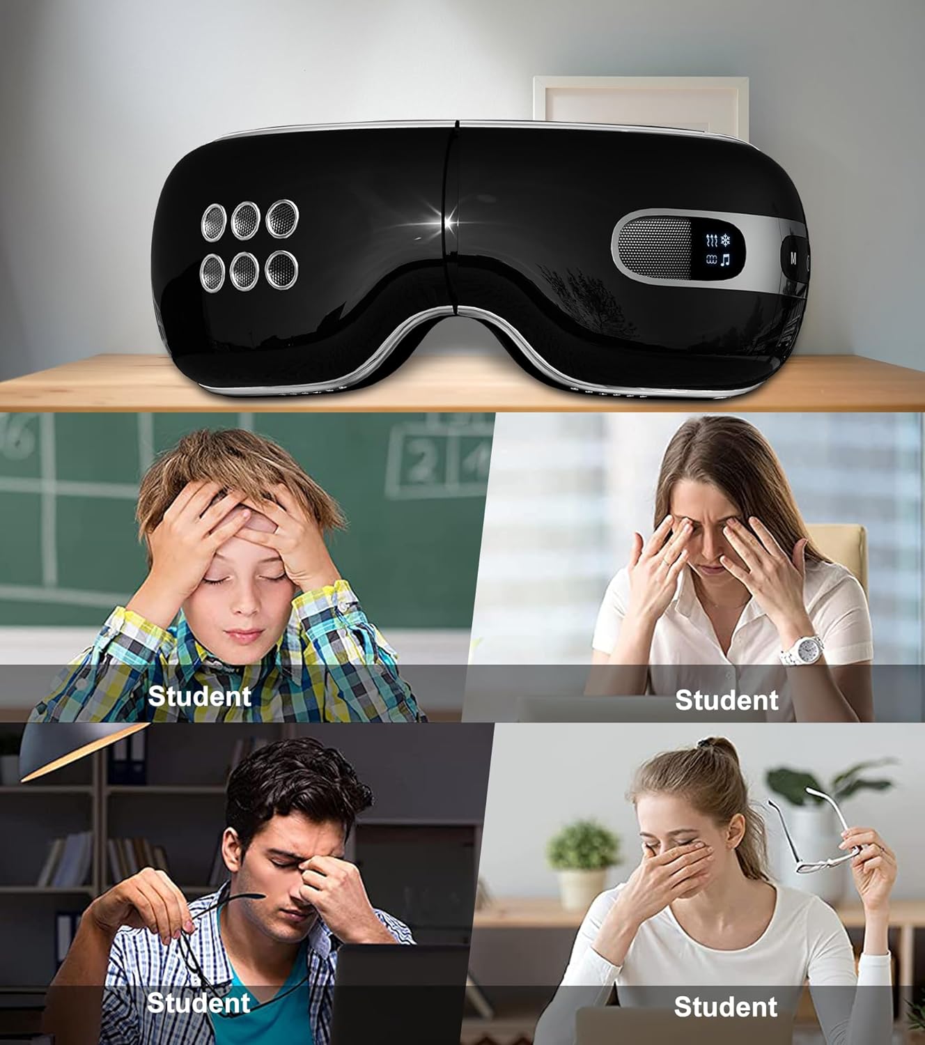 Eye Massager with Heat and Cooling for Migraines, Dry Eyes, and Eyestrain - Heated Eye Massager Mask Massage Pressure Points for Relaxation - Gifts for Women and Men (Black)