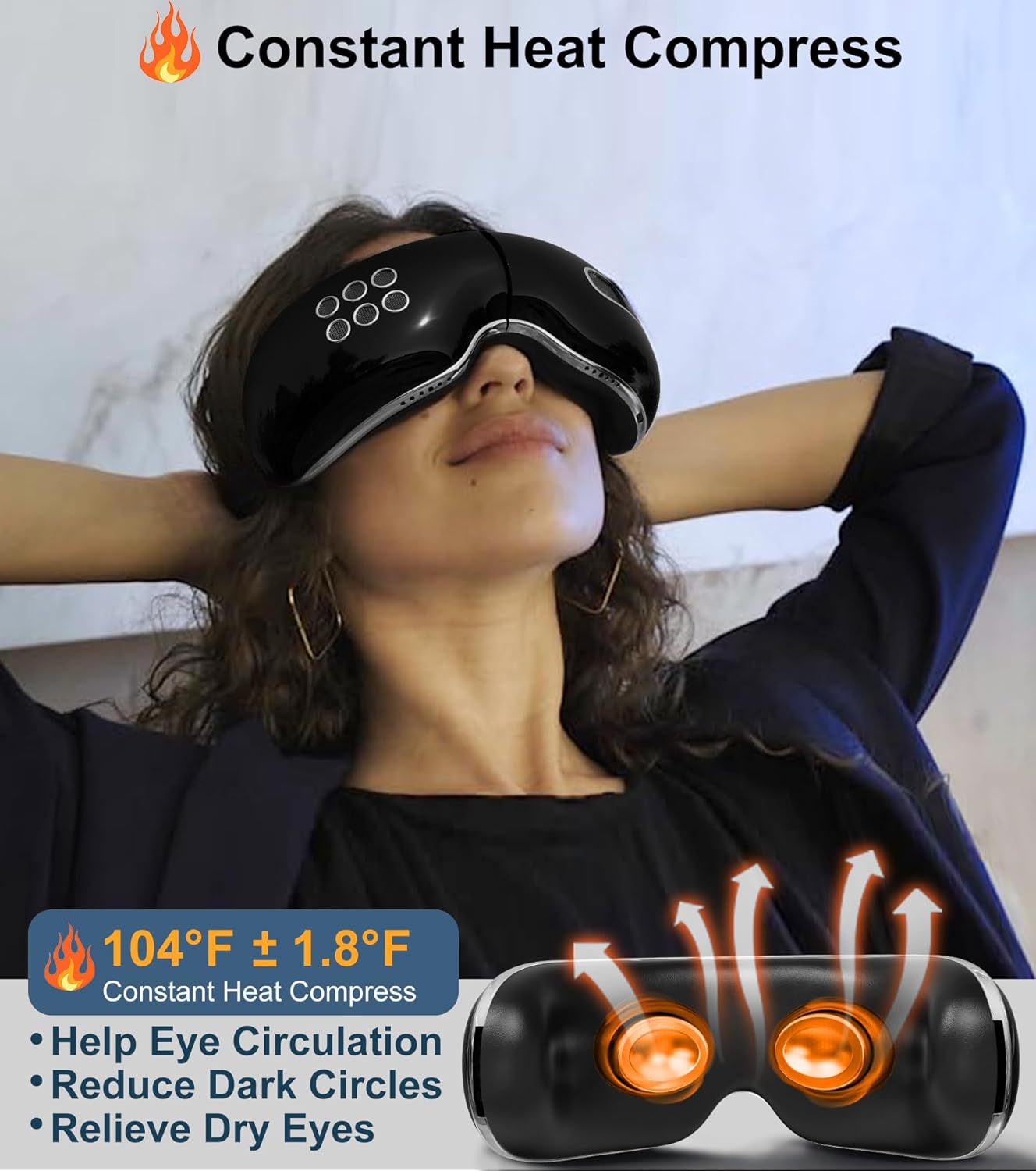 Eye Massager with Heat and Cooling for Migraines, Dry Eyes, and Eyestrain - Heated Eye Massager Mask Massage Pressure Points for Relaxation - Gifts for Women and Men (Black)