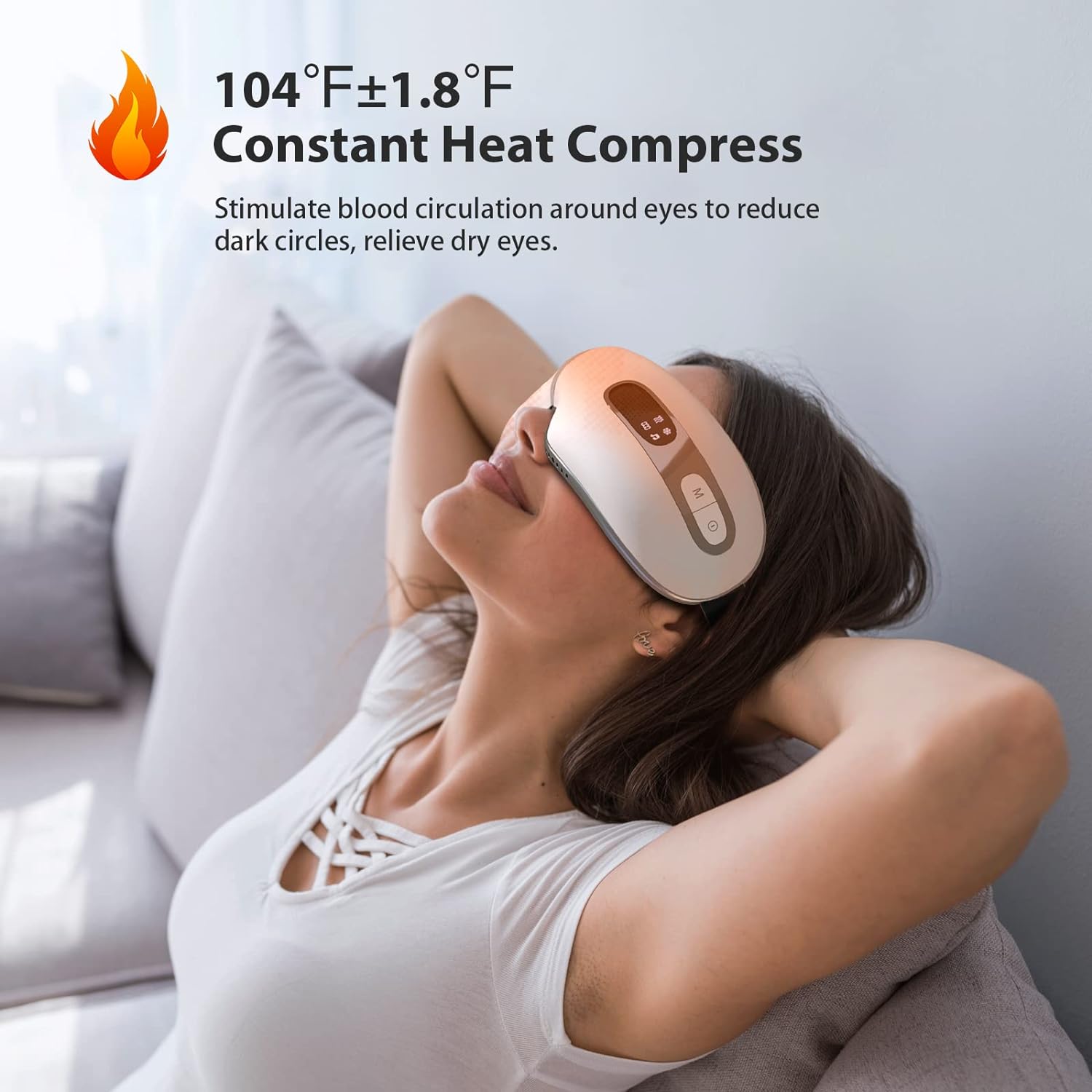 fmlave Eye Massager with Heat and Cooling for Migraines, Dry Eyes, Dark Circles, Rechargeable Bluetooth Music Heated Eye Mask Massager Improve Sleeping - Great Gifts for Woman and Man (White)