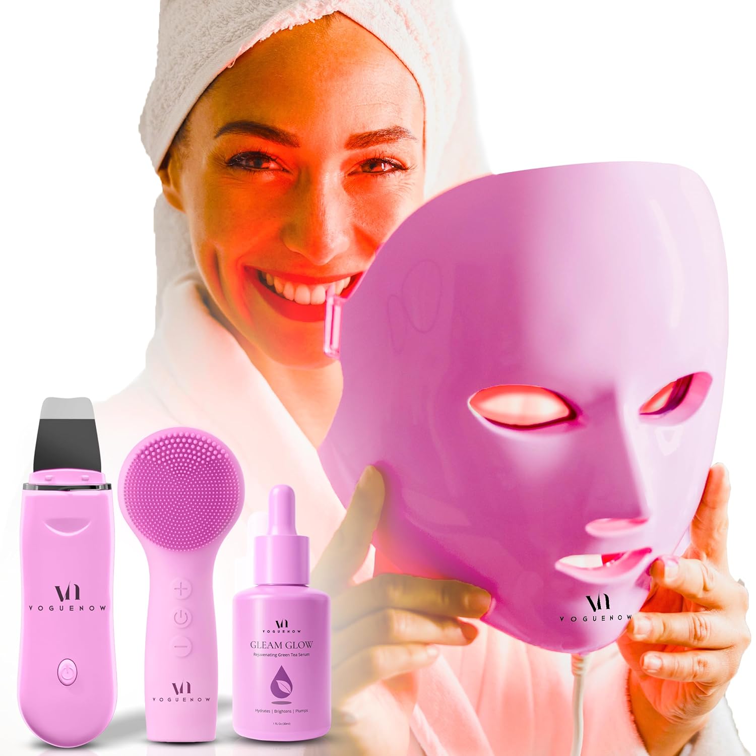 LED Face Mask Light Therapy Premium Spa Kit (4 Pcs) - With Ultrasonic Scrubber, Sonic Brush  Green Tea Serum - 7 Colors (Blue  Red) Light Therapy Mask -Spa Light Therapy Facial For Rejuvenation