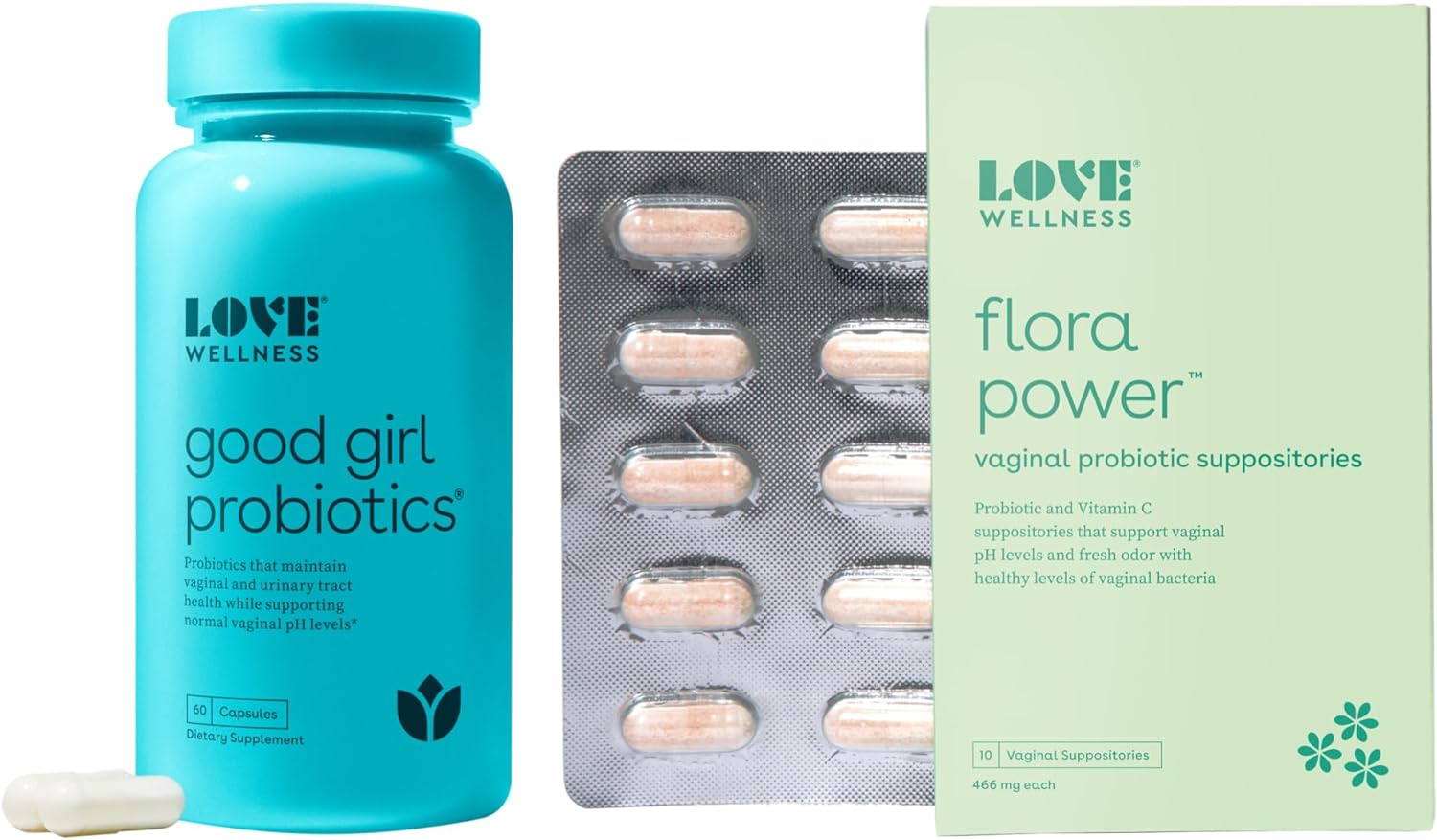 Love Wellness Flora Power  Good Girl Probiotics | Vaginal Suppositories  Prebiotics for Women | Supports pH Balance  Fresh Odor | Fast-Acting Probiotic Strains  Vitamin C for Feminine Health