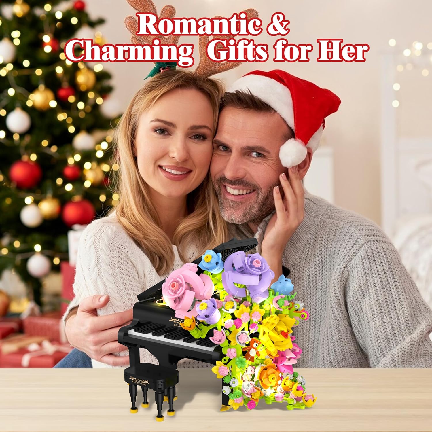 Piano Flower Bouquet Building Decoration Set - Artificial Flowers with Roses Campanula, Home Decoratiion Valentines Day Gifts for Her/Him, Valentines Day Gifts Table Art for Adults (860pcs)
