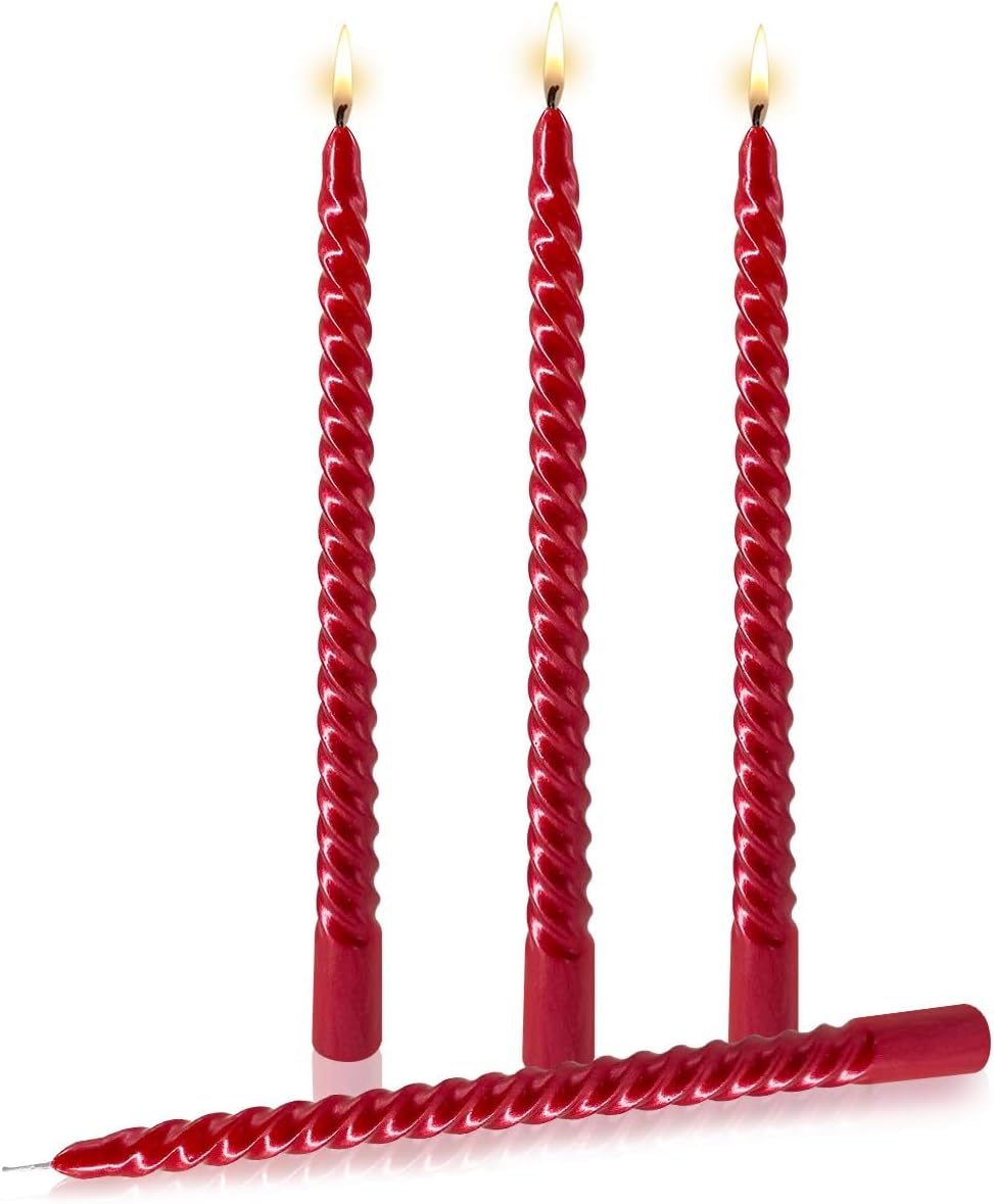 Taper Candles,True Dripless Taper Candles Set of 4,Elegant 10 inch Red Glossy Metal Style Candle Sticks for Home Decor,Dinner,Wedding