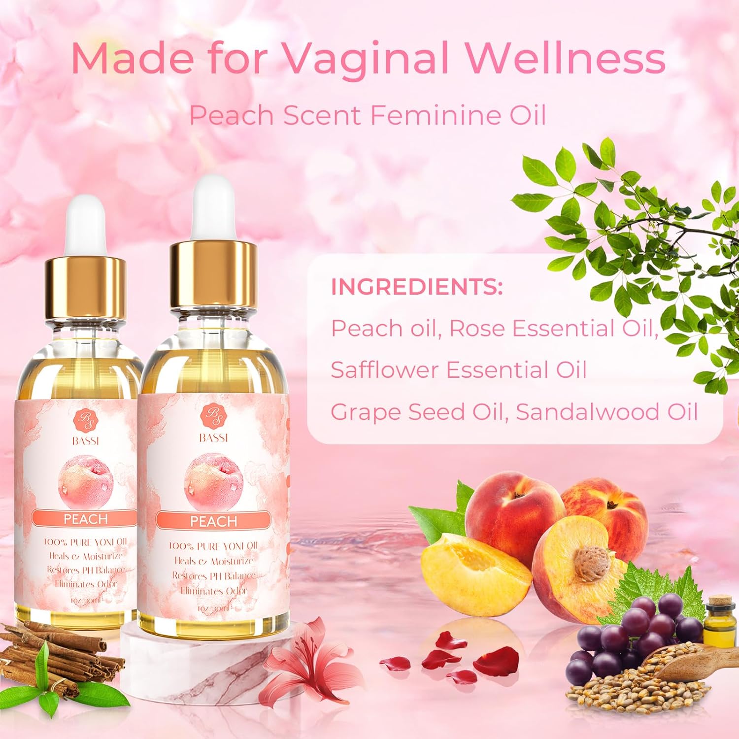 2 Pack Yoni Essential Oil Organic Feminine Oil Eliminates Odor Vaginal Moisturizer for Wetness, Ph Balance for Women Feminine Deodorant Soothes Ingrown Hair Peach Intimate Oil, 1 fl oz
