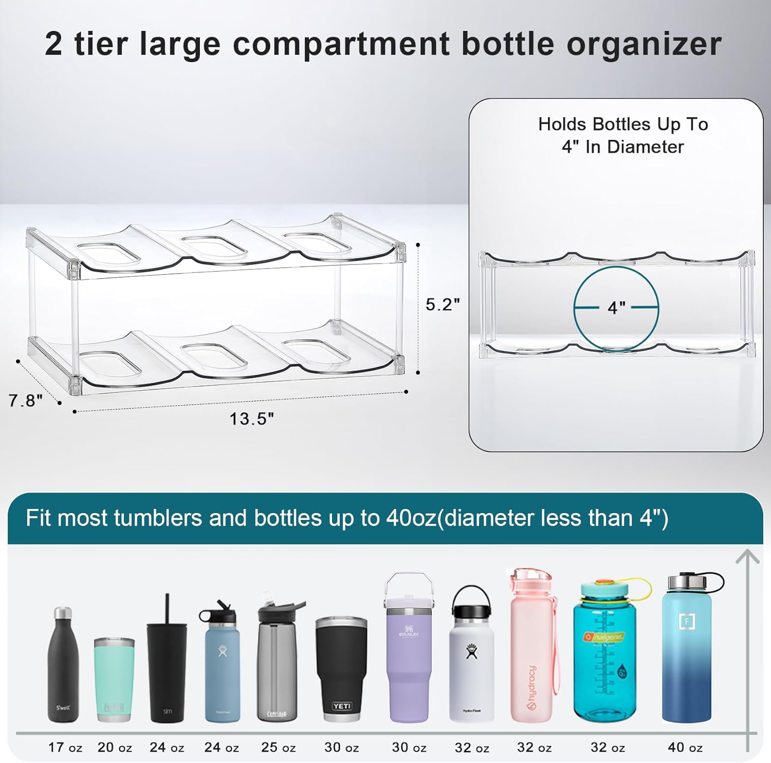 4 Tier Stackable Water Bottle Organizer for Cabinet - Premium Clear Holder for Tumbler, Travel Bottle, Wine Rack Display - Home Kitchen Pantry Refrigerator Organization and Storage - Hold 12 Bottles