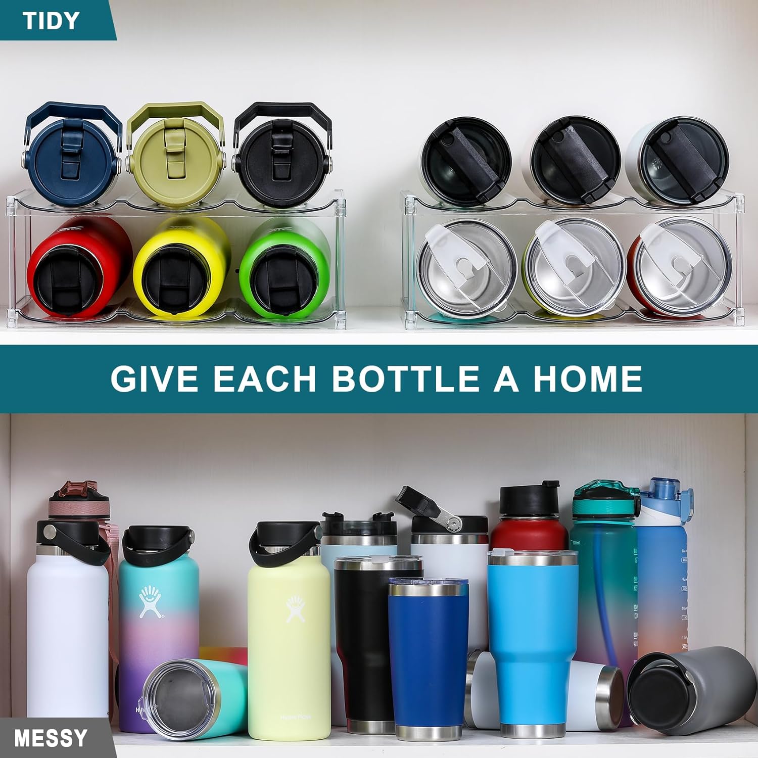 4 Tier Stackable Water Bottle Organizer for Cabinet - Premium Clear Holder for Tumbler, Travel Bottle, Wine Rack Display - Home Kitchen Pantry Refrigerator Organization and Storage - Hold 12 Bottles