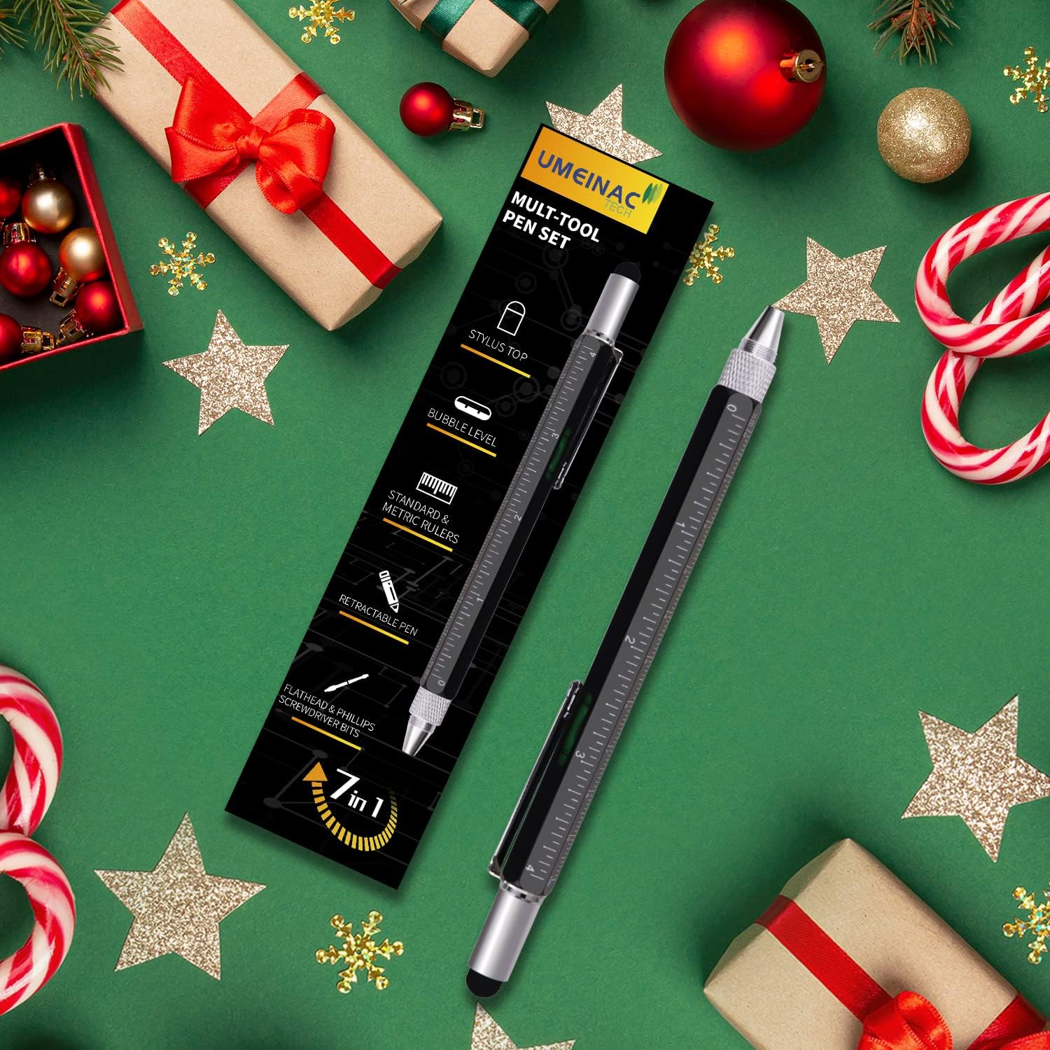 7 in 1 Multitool Pen, Multitool Tech Tool Pen for Men, Aluminum Construction Tools Gadget Stocking Stuffers Gifts for Dad Husband Father - Yellow