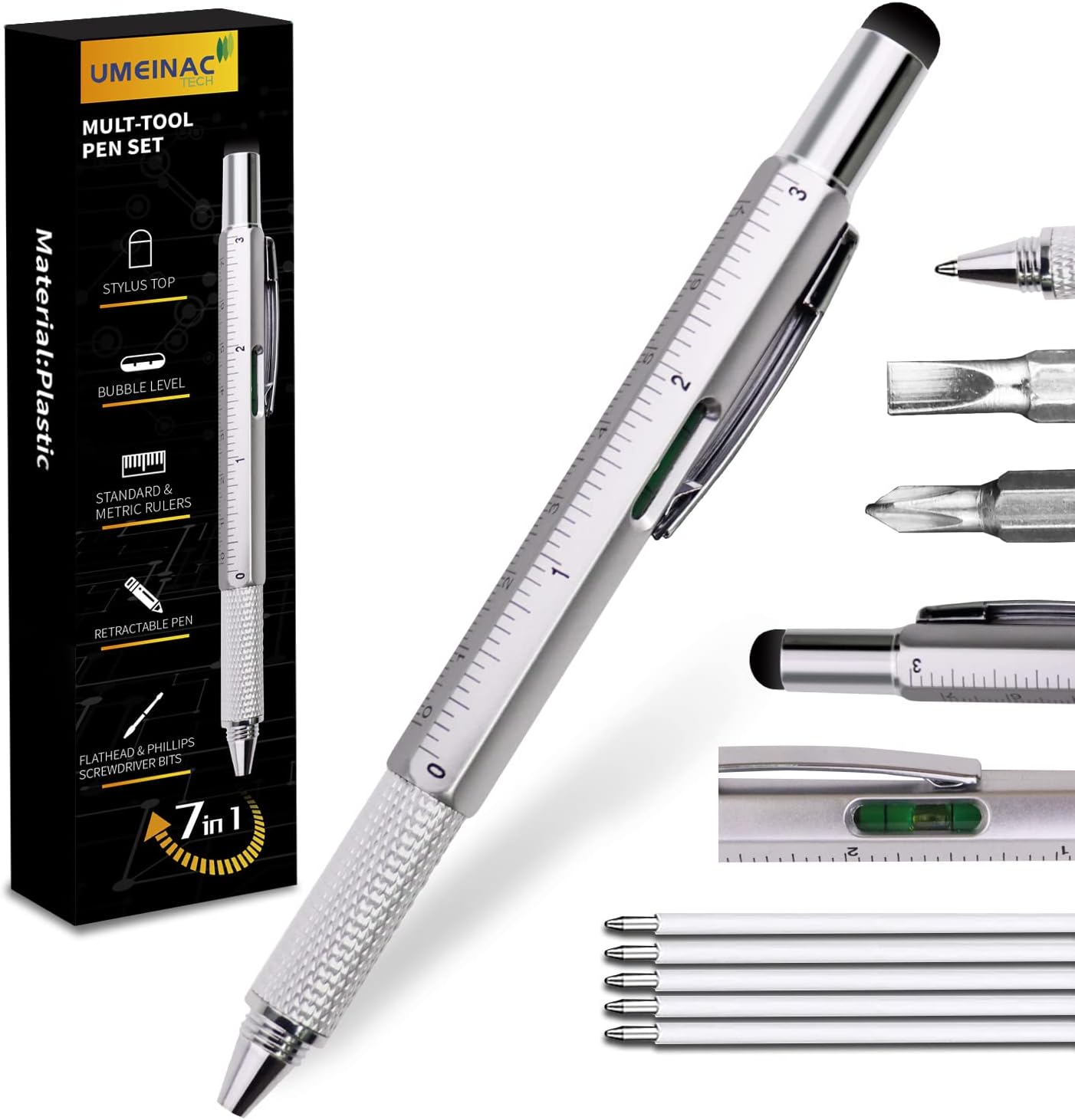 7 in 1 Multitool Pen, Multitool Tech Tool Pen for Men, Aluminum Construction Tools Gadget Stocking Stuffers Gifts for Dad Husband Father - Yellow