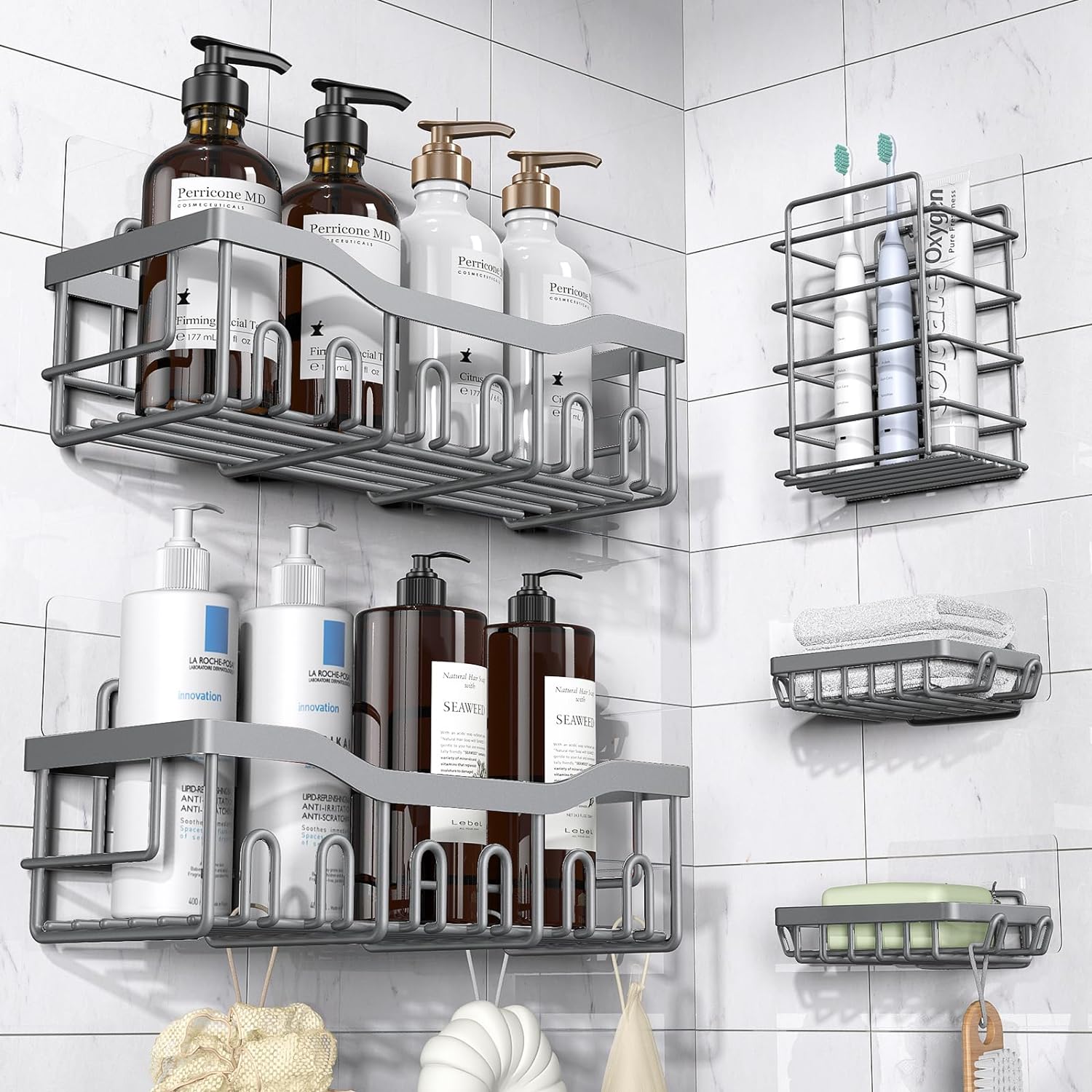 Adhesive Shower Caddy, 5 Pack Rustproof Stainless Steel Bath Organizers With Large Capacity, No Drilling Shelves for Bathroom Storage  Home Decor