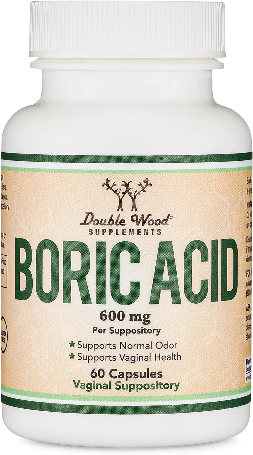 Boric Acid Vaginal Suppositories (600mg, 60 Count) Supports Vaginal pH Balance, Odor Control (USP Medical Grade Fine Powder, Easy Dissolve, Third Party Tested, Made in USA) by Double Wood