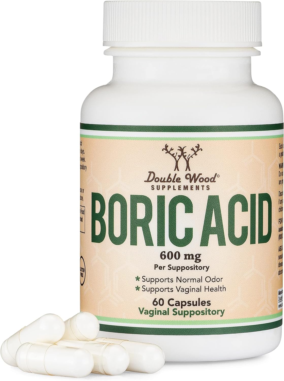 Boric Acid Vaginal Suppositories (600mg, 60 Count) Supports Vaginal pH Balance, Odor Control (USP Medical Grade Fine Powder, Easy Dissolve, Third Party Tested, Made in USA) by Double Wood