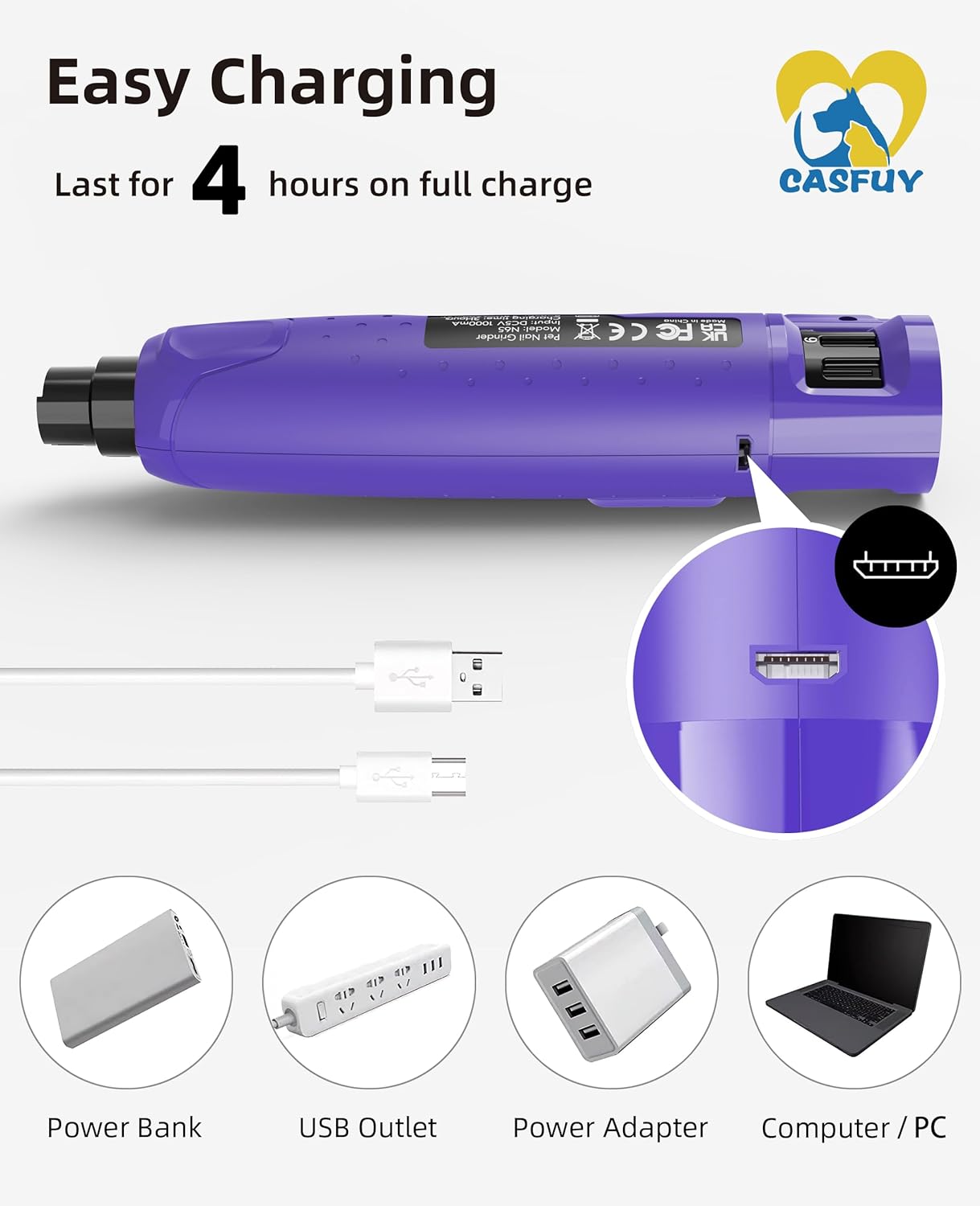 Casfuy Dog Nail Grinder Quiet - (45db) 6-Speed Pet Nail Grinder with 2 LED Lights for Large Medium Small Puppy Dogs/Cats, Professional 3 Ports Rechargeable Electric Dog Nail Trimmer with Dust Cap