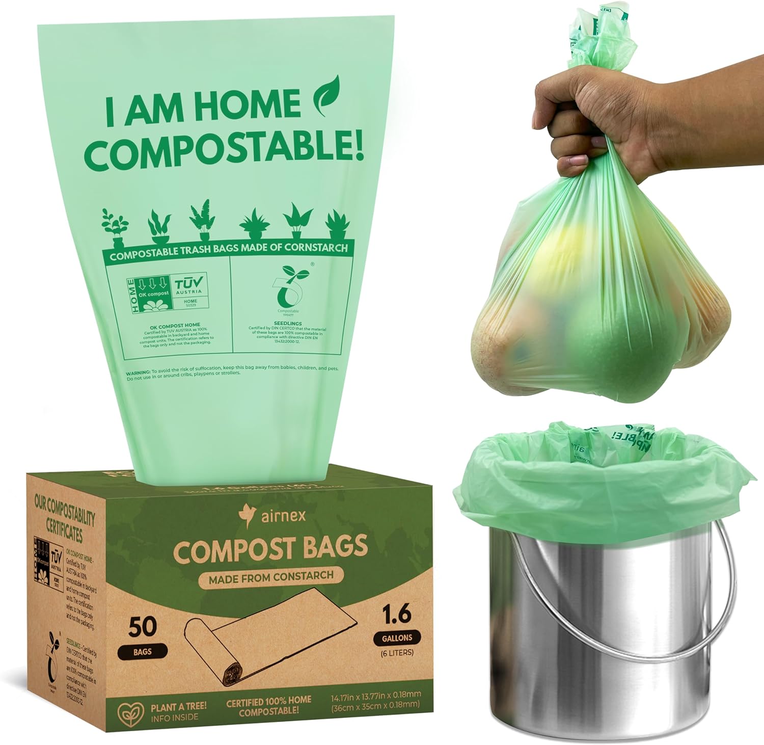 Compostable Trash Bags Small 1.6 Gal - 50 Count Green Compost Bags for Countertop Bin made of Cornstarch - Food Waste Compostable Bags Leakproof  Tear Resistant