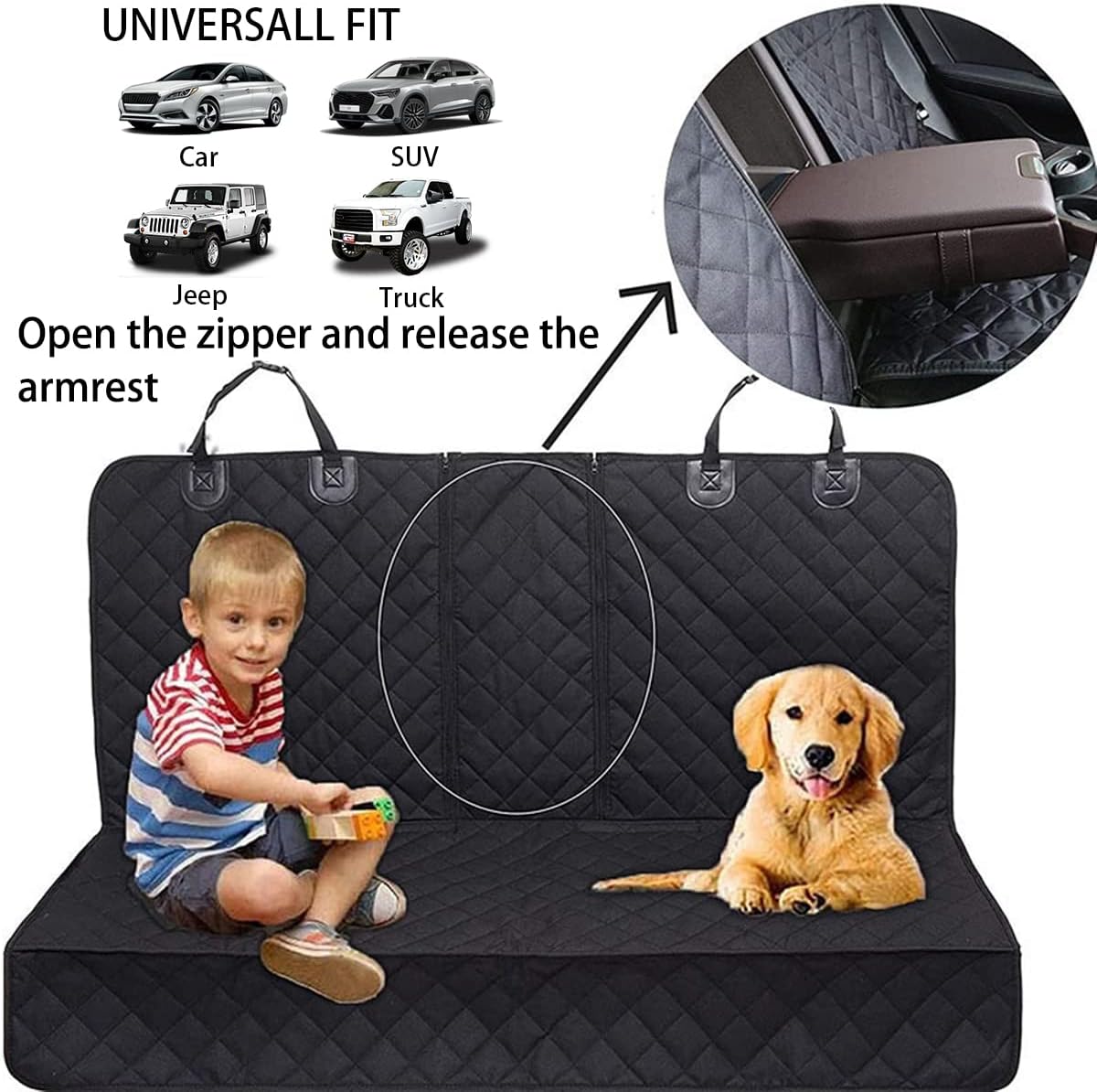 Dog Car Seat Cover for Back Seat, Waterproof Dog Bench Seat Pad Compatible for Armrest  Seat Belt, Universal Nonslip Durable Soft Pet Backseat Protector for Cars Trucks  SUVs (Black)