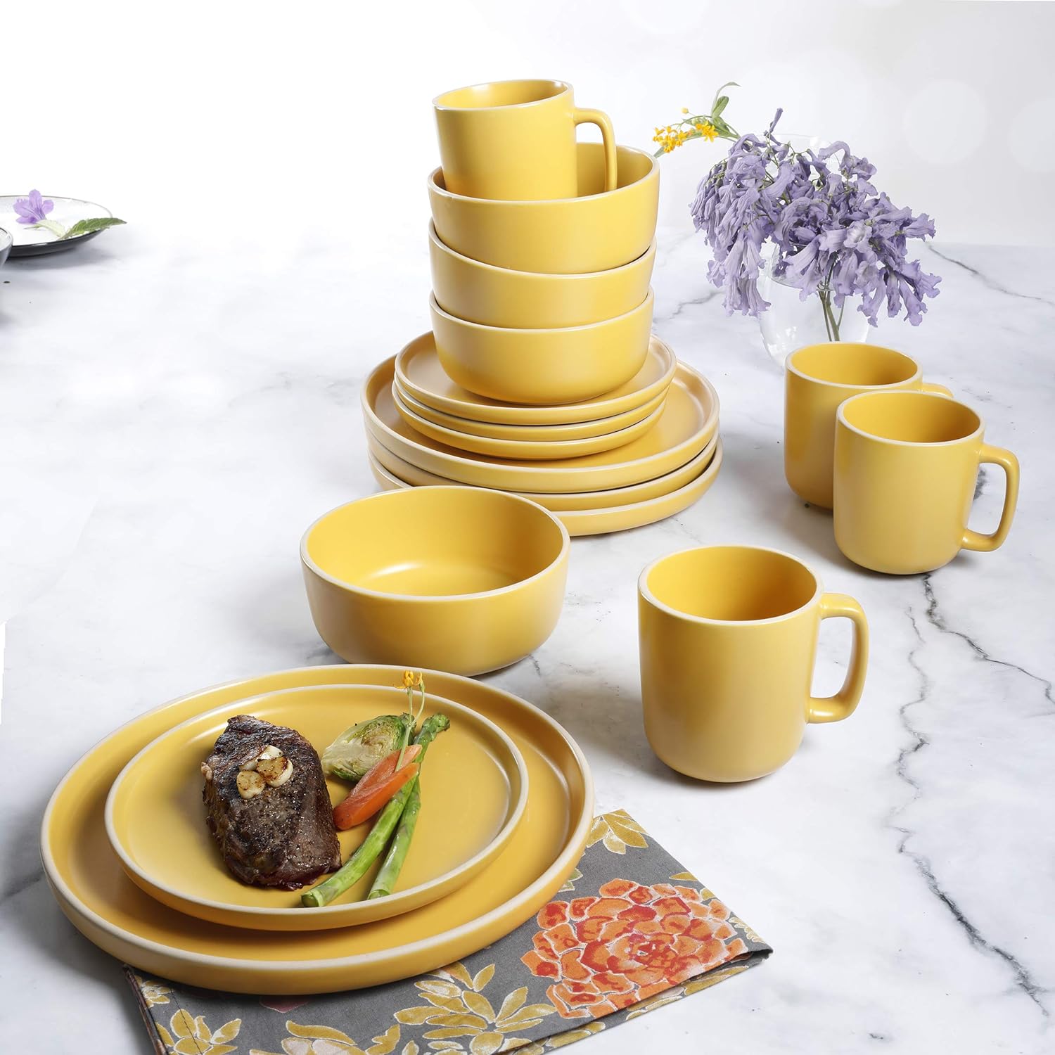 Gibson Home Zuma 16 Piece Round Kitchen Dinnerware Set, Dishes, Plates, Bowls, Mugs, Service for 4, Matte Stoneware, Cream
