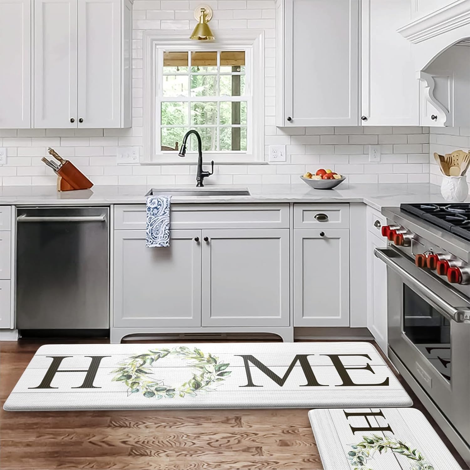 KIMODE Farmhouse Kitchen Mat 2PCS Anti Fatigue Kitchen Runner Rug Sets Non-Skid Waterproof Kitchen Floor Mat Cushioned Comfort Foam Standing Mat for Office,Laundry,Sink,Home