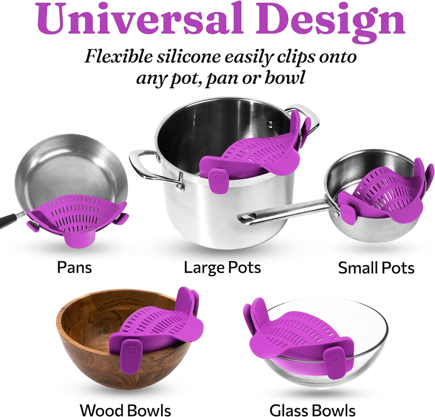 Kitchen Gizmo Snap N Strain - Silicone Clip-On Colander, Heat Resistant Drainer for Vegetables and Pasta Noodles, Kitchen Gadgets for Bowl, Pots, and Pans - Essential Home Cooking Tools - Grey