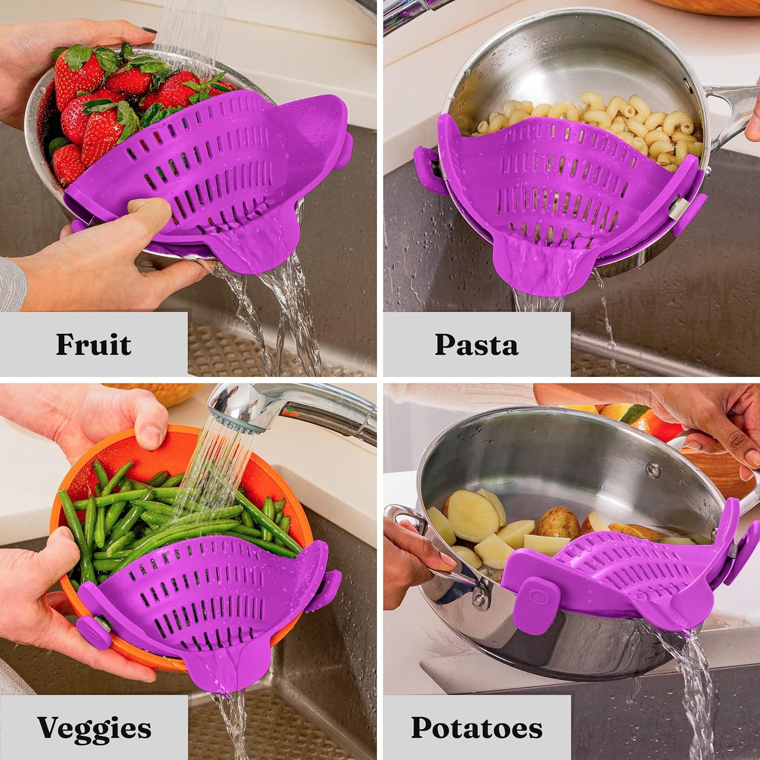 Kitchen Gizmo Snap N Strain - Silicone Clip-On Colander, Heat Resistant Drainer for Vegetables and Pasta Noodles, Kitchen Gadgets for Bowl, Pots, and Pans - Essential Home Cooking Tools - Grey