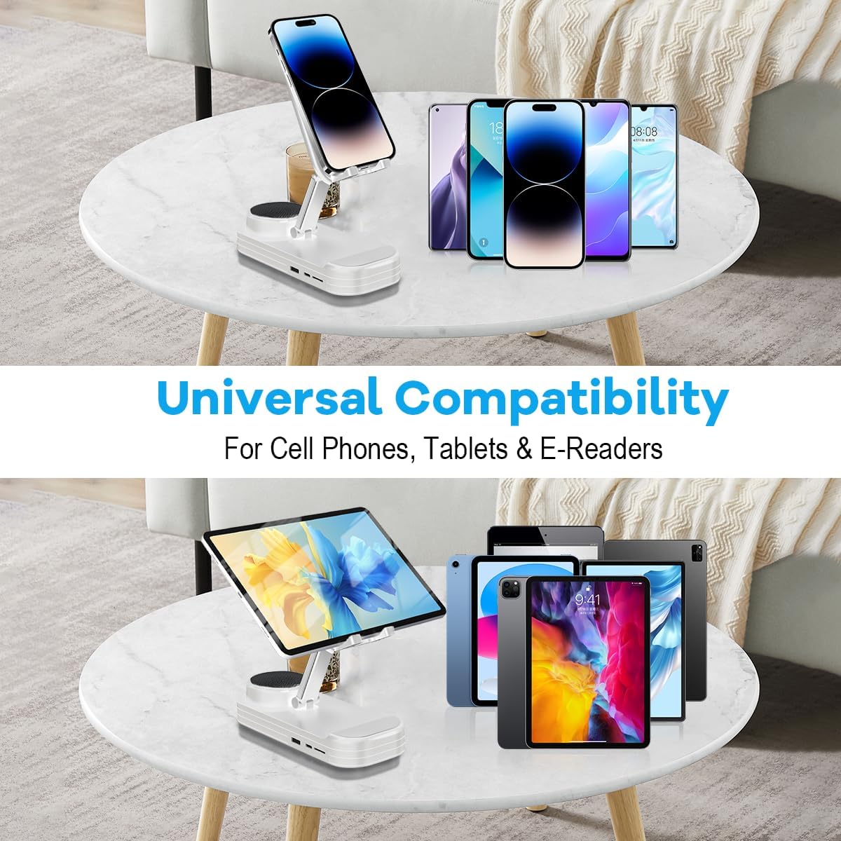 Phone Stand with Speaker HD Surround Sound Bluetooth Speaker Adjustable Phone Holder Desktop Tech Gadgets for Women Men Birthday Valentine Present Idea Outdoor Wireless Speaker - White