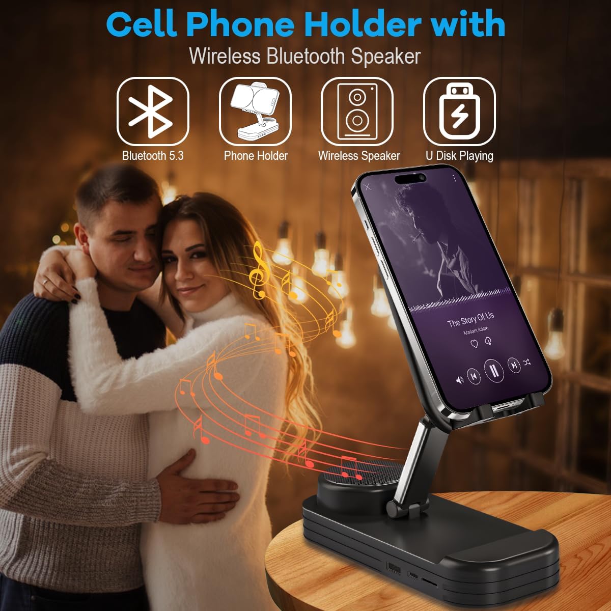 Phone Stand with Speaker HD Surround Sound Bluetooth Speaker Adjustable Phone Holder Desktop Tech Gadgets for Women Men Birthday Valentine Present Idea Outdoor Wireless Speaker - White
