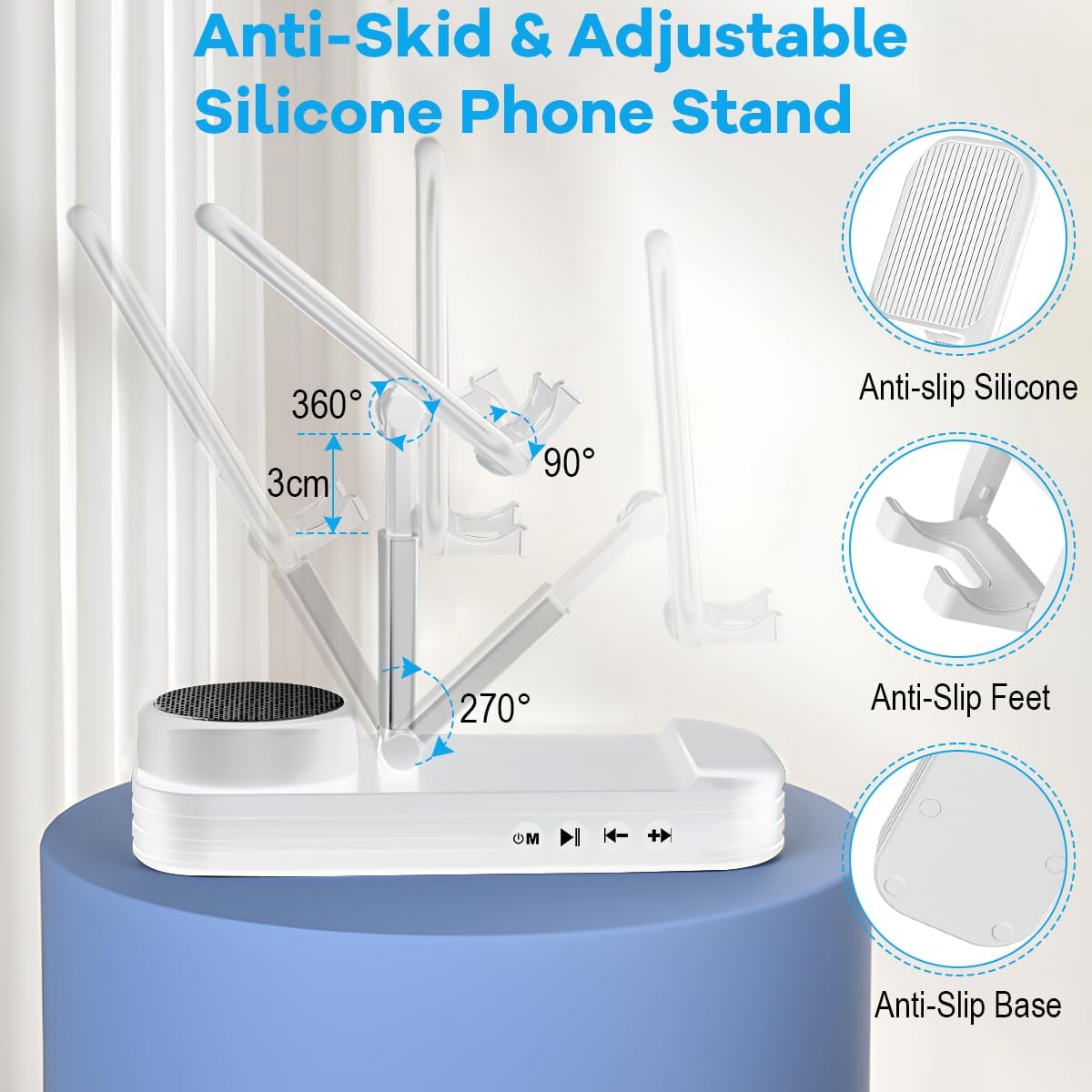 Phone Stand with Speaker HD Surround Sound Bluetooth Speaker Adjustable Phone Holder Desktop Tech Gadgets for Women Men Birthday Valentine Present Idea Outdoor Wireless Speaker - White