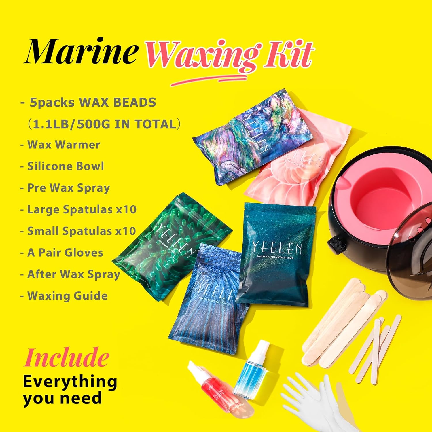 Premium At-Home Waxing Kit for Women: Yeelen Wax Kit with 5 Packs Hard Wax Beads Digital Wax Warmer for Hair Removal - Ideal for Brazilian Facial Body Eyebrow Bikini Leg  Sensitive Skin