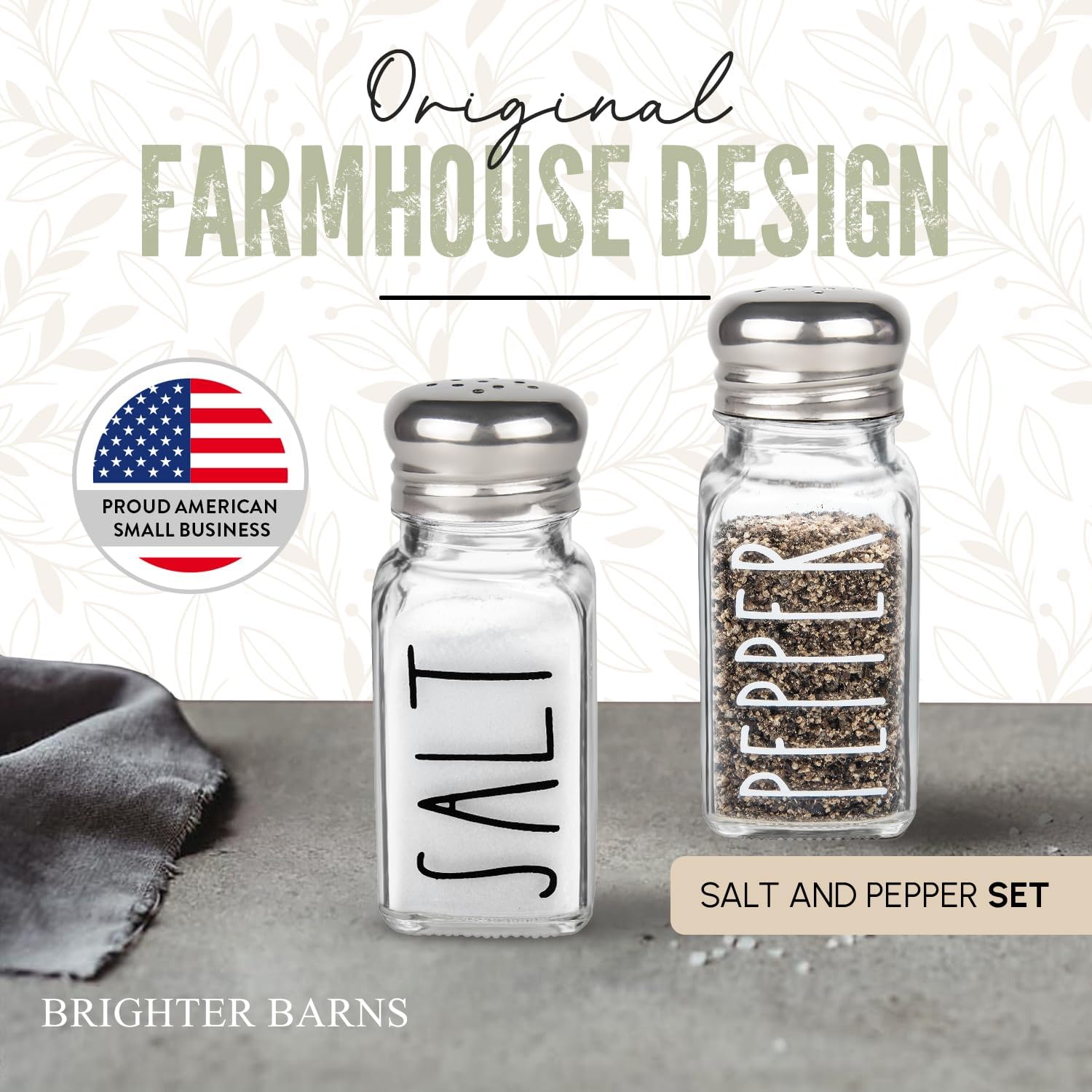 Salt and Pepper Shakers Set by Brighter Barns - Cute Modern Farmhouse Kitchen Decor for Home Restaurants Wedding - Gorgeous Vintage Glass Black White Shaker Sets with Stainless Steel Lids