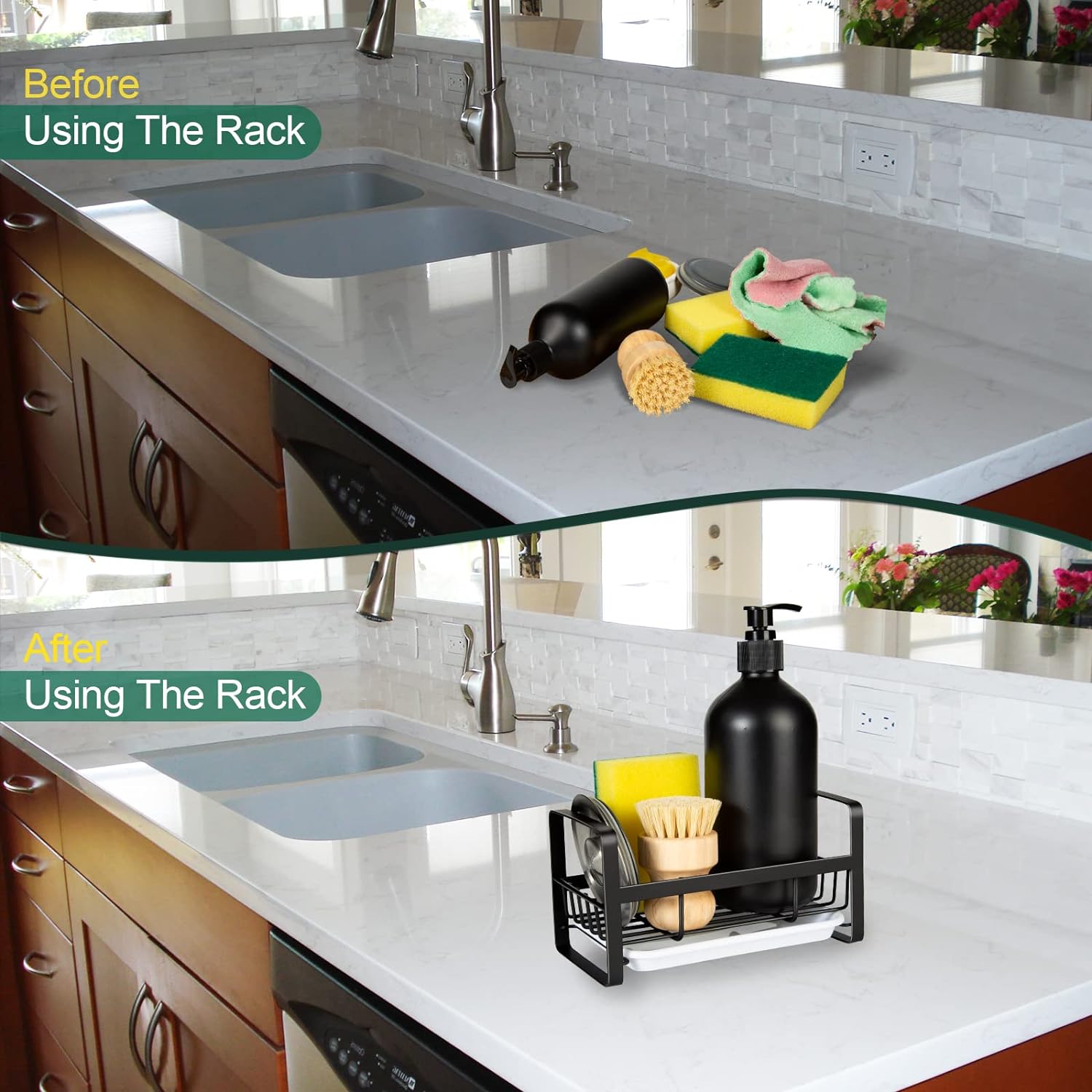 Sponge Holder for Kitchen Sink- Stainless Steel Kitchen Sink Caddy for Organizing Sponge, Brush  Soap Dish Dispenser, Kitchen Sink Organizer Rack with Adhesive or Counter top, Black