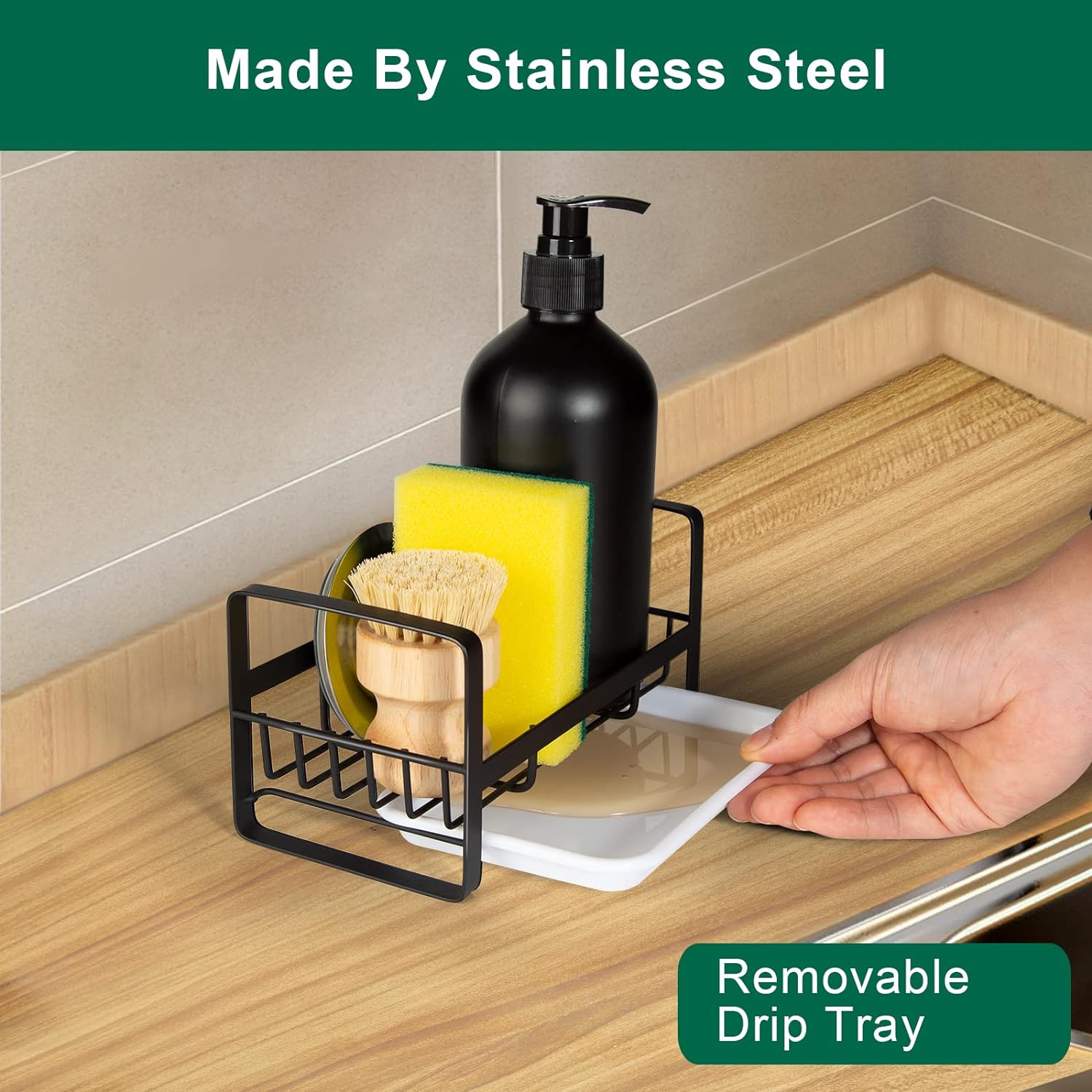 Sponge Holder for Kitchen Sink- Stainless Steel Kitchen Sink Caddy for Organizing Sponge, Brush  Soap Dish Dispenser, Kitchen Sink Organizer Rack with Adhesive or Counter top, Black
