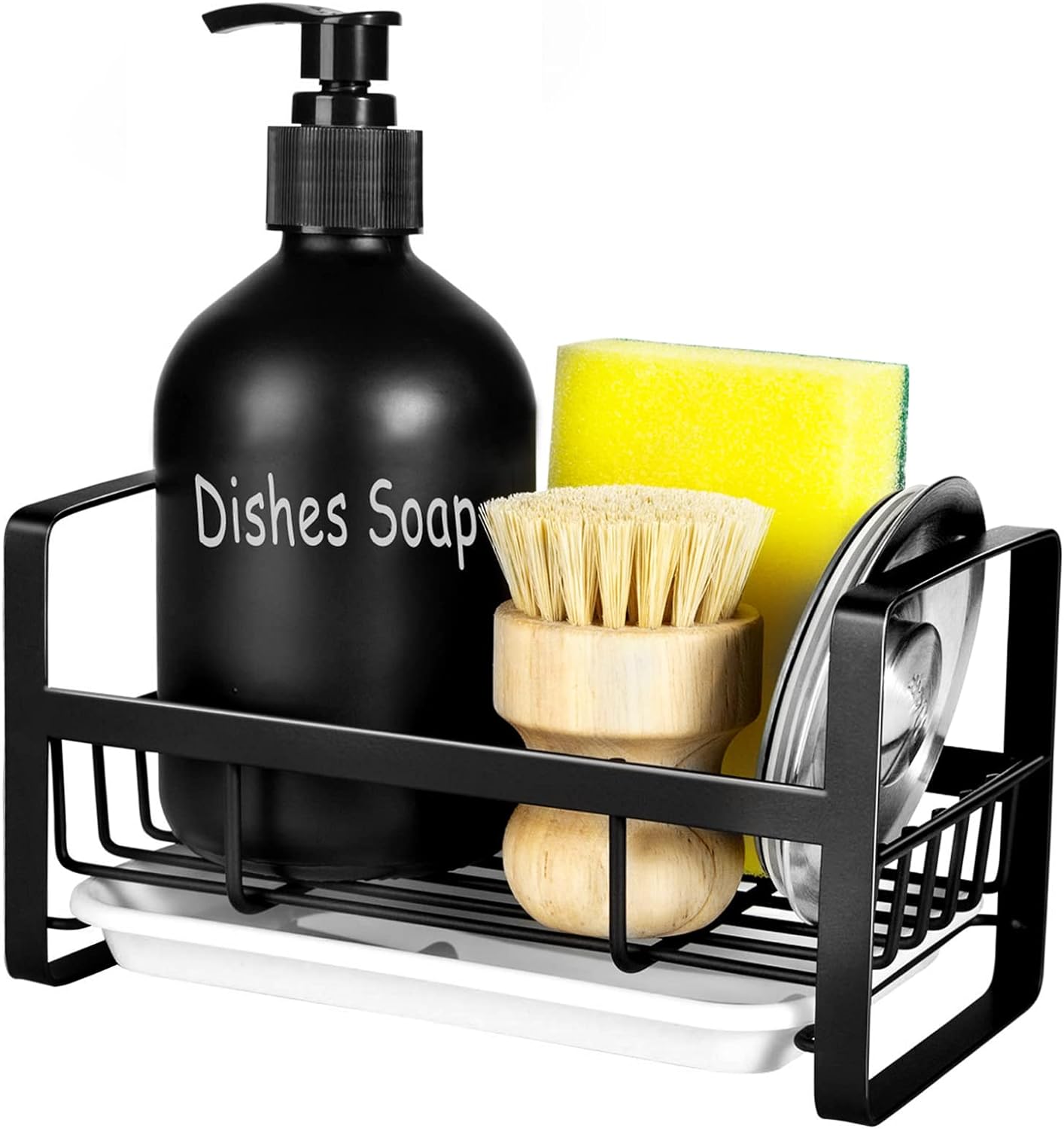 Sponge Holder for Kitchen Sink- Stainless Steel Kitchen Sink Caddy for Organizing Sponge, Brush  Soap Dish Dispenser, Kitchen Sink Organizer Rack with Adhesive or Counter top, Black