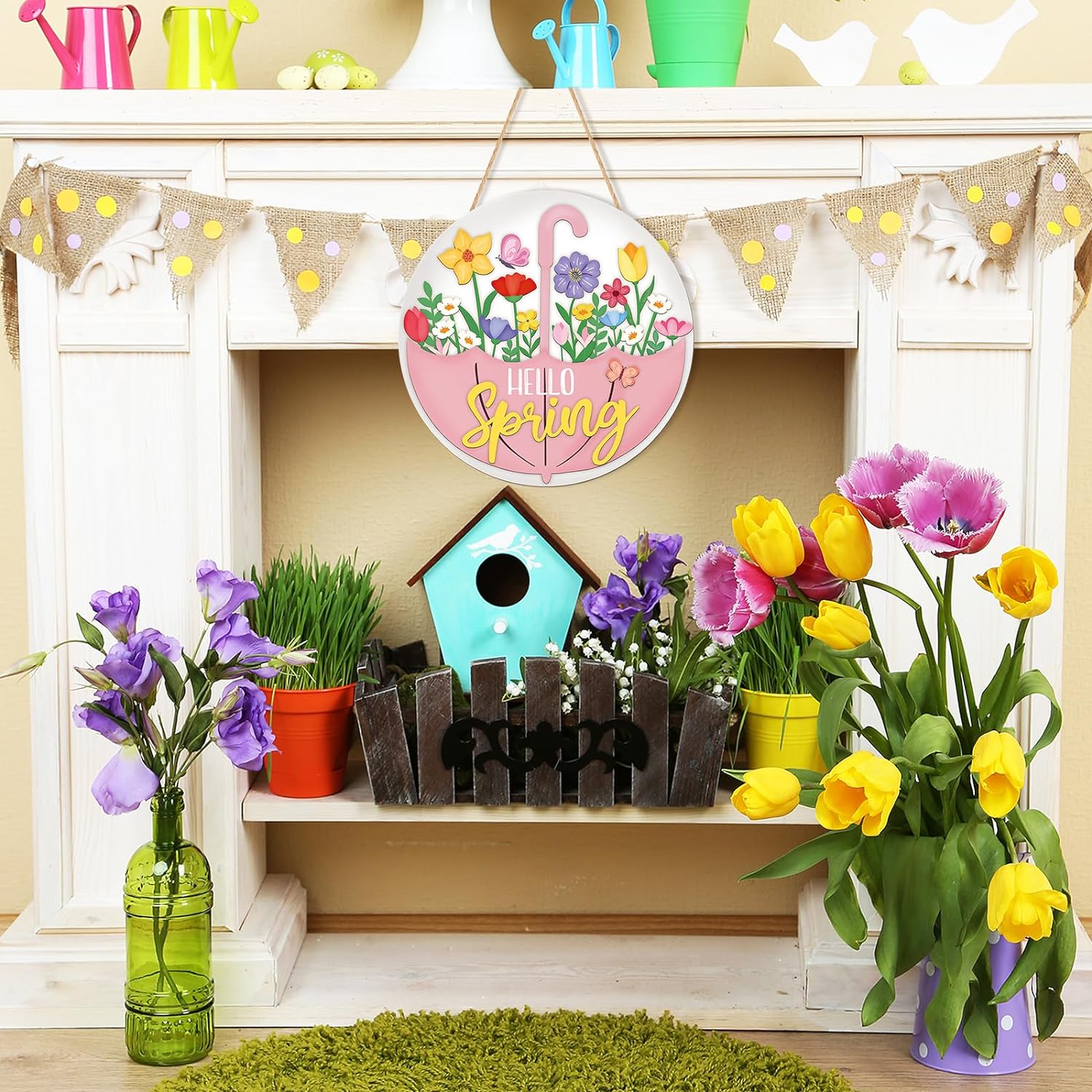 Spring Decoration Wood Door Wall Signs, Wooden Wreaths Front Door Welcome Sign Umbrella Flower Sign Ornaments Door Hanger Crafts for Spring Home Farmhouse Party Porch Wall Decor