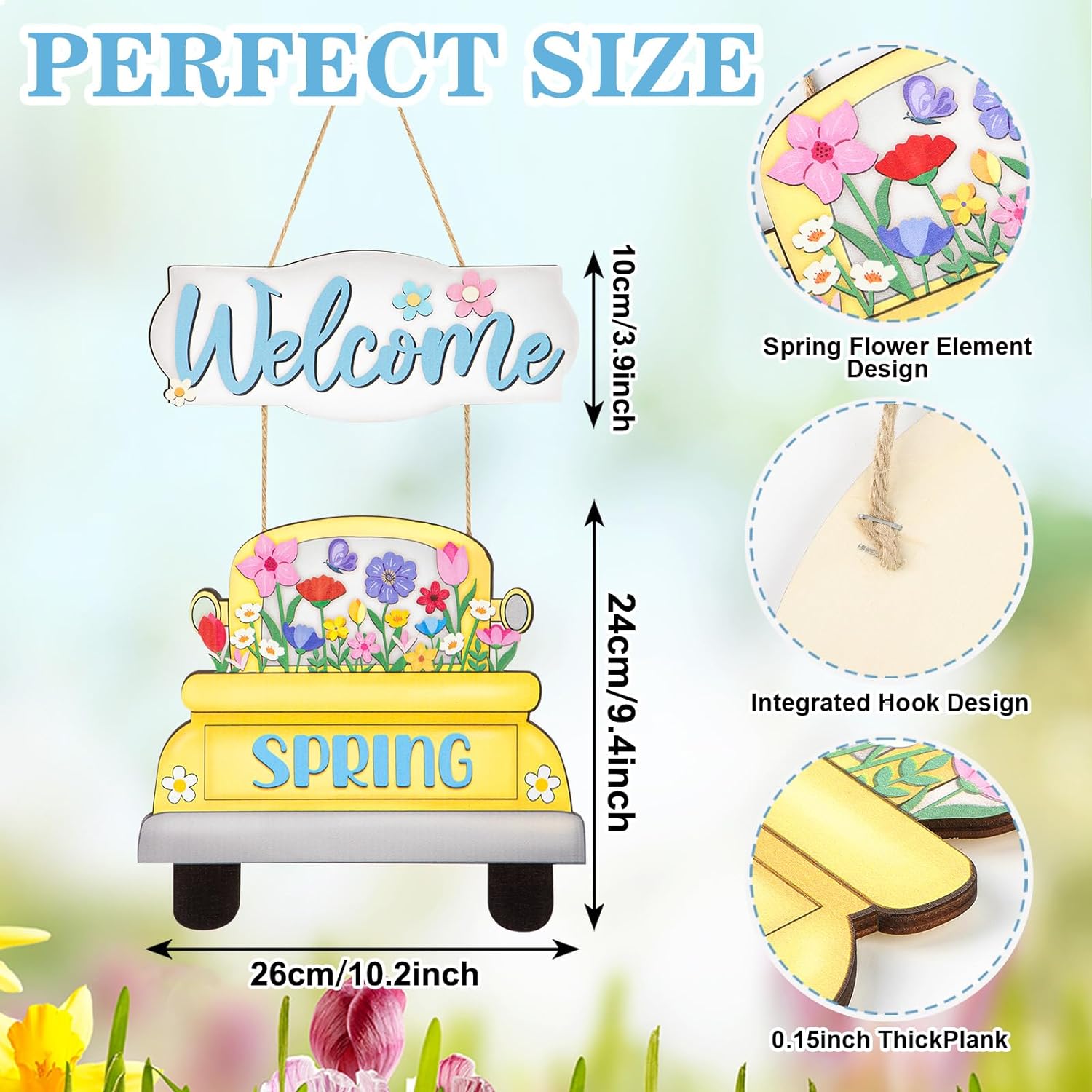 Spring Decoration Wood Door Wall Signs, Wooden Wreaths Front Door Welcome Sign Umbrella Flower Sign Ornaments Door Hanger Crafts for Spring Home Farmhouse Party Porch Wall Decor