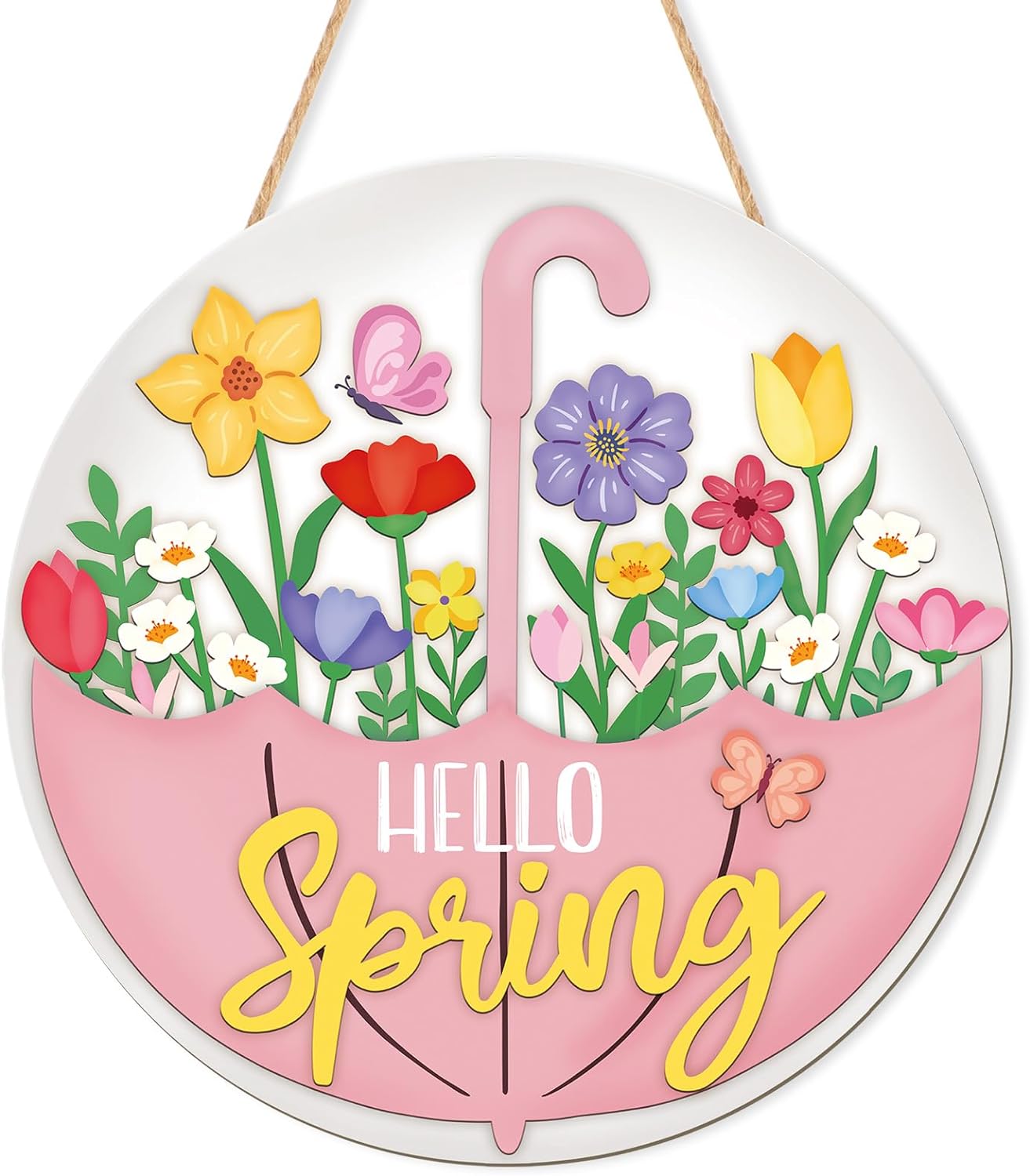 Spring Decoration Wood Door Wall Signs, Wooden Wreaths Front Door Welcome Sign Umbrella Flower Sign Ornaments Door Hanger Crafts for Spring Home Farmhouse Party Porch Wall Decor