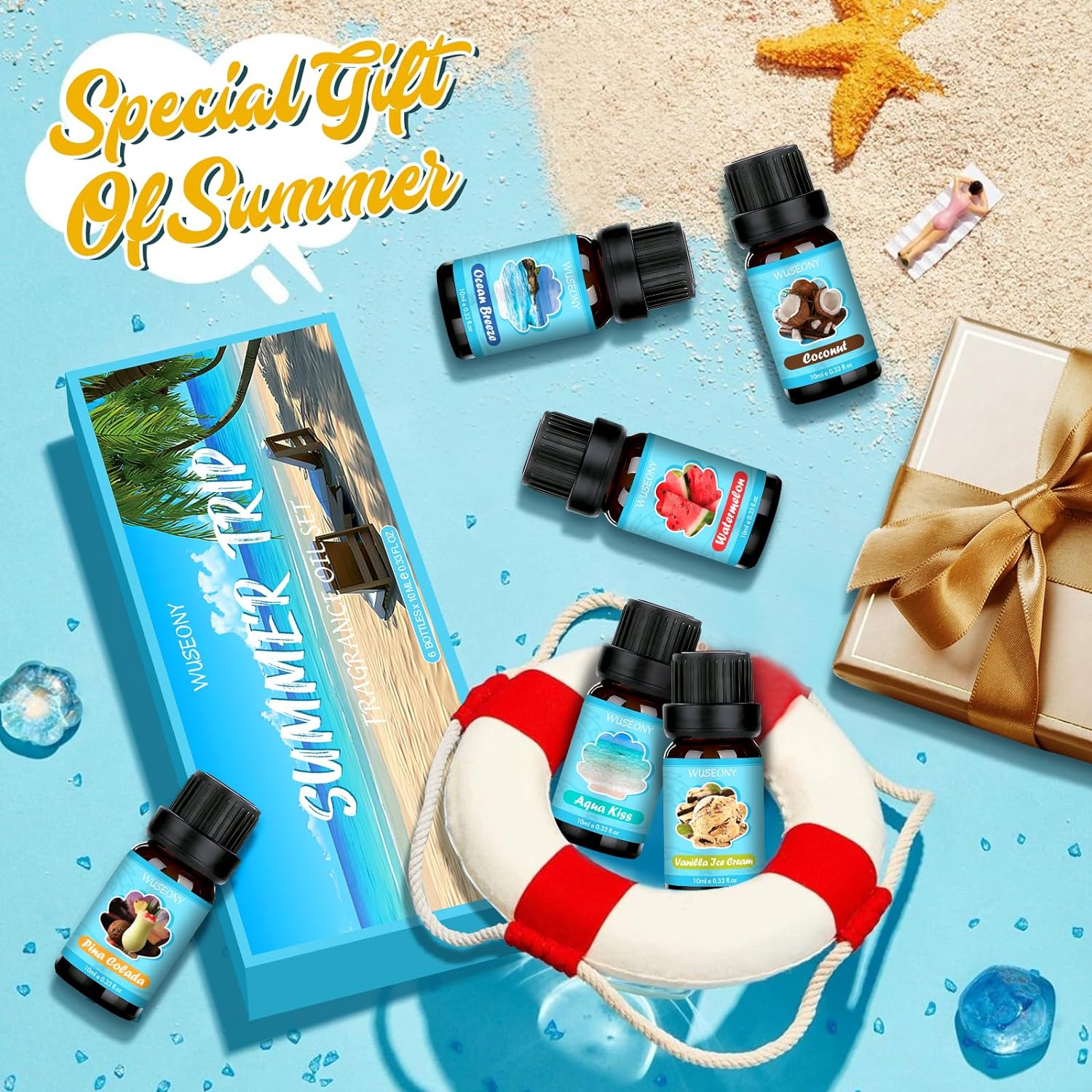 Summer Fragrance Oils Set, Premium Essential Oils for Diffuser, Natural Aromatherapy Oils for Soap Candle Making - Ocean Breeze, Coconut, Pina Colada, Watermelon, Vanilla Ice Cream, Aqua Kiss