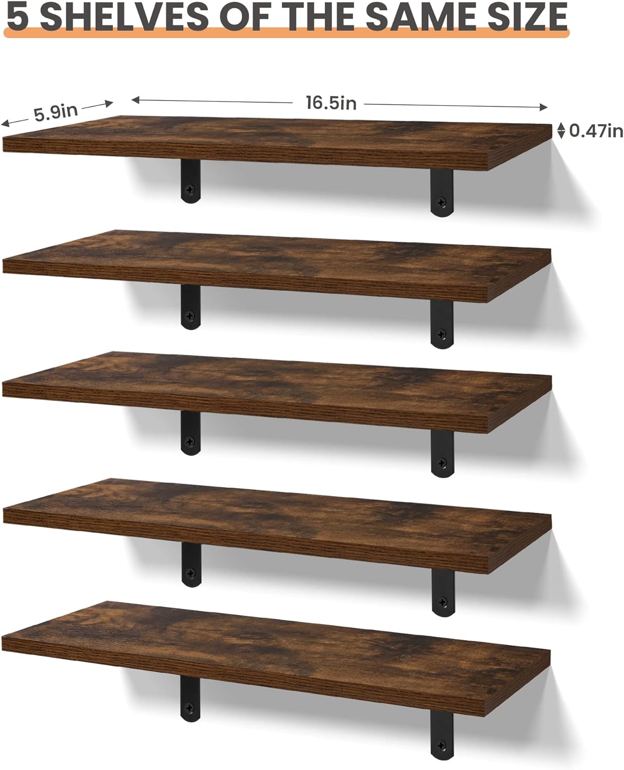 upsimples Floating Shelves for Wall Decor Storage, Dark Brown Wall Mounted Shelves Set of 5, Sturdy Small Wood Shelves Hanging for Bedroom, Living Room, Bathroom, Kitchen, Corner, Book