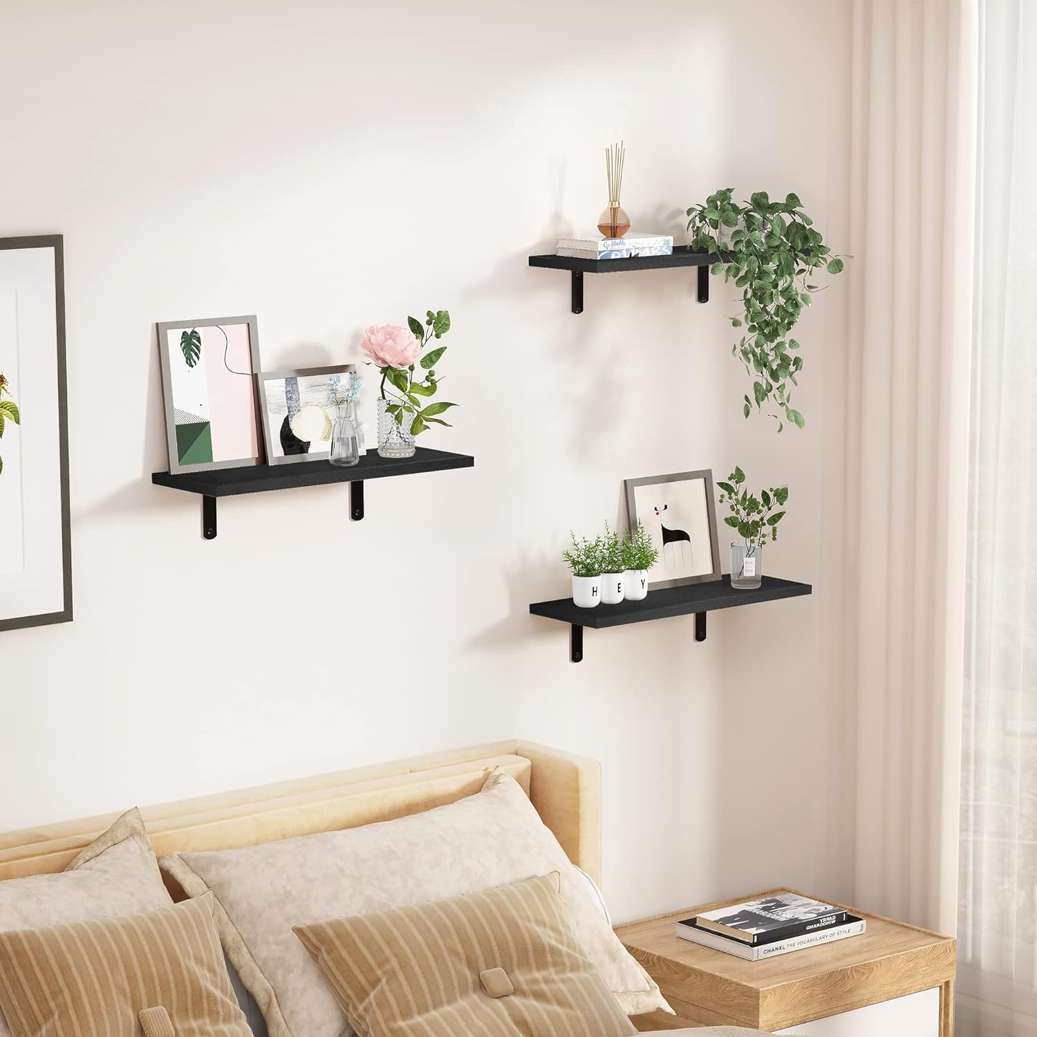 upsimples Floating Shelves for Wall Decor Storage, Dark Brown Wall Mounted Shelves Set of 5, Sturdy Small Wood Shelves Hanging for Bedroom, Living Room, Bathroom, Kitchen, Corner, Book