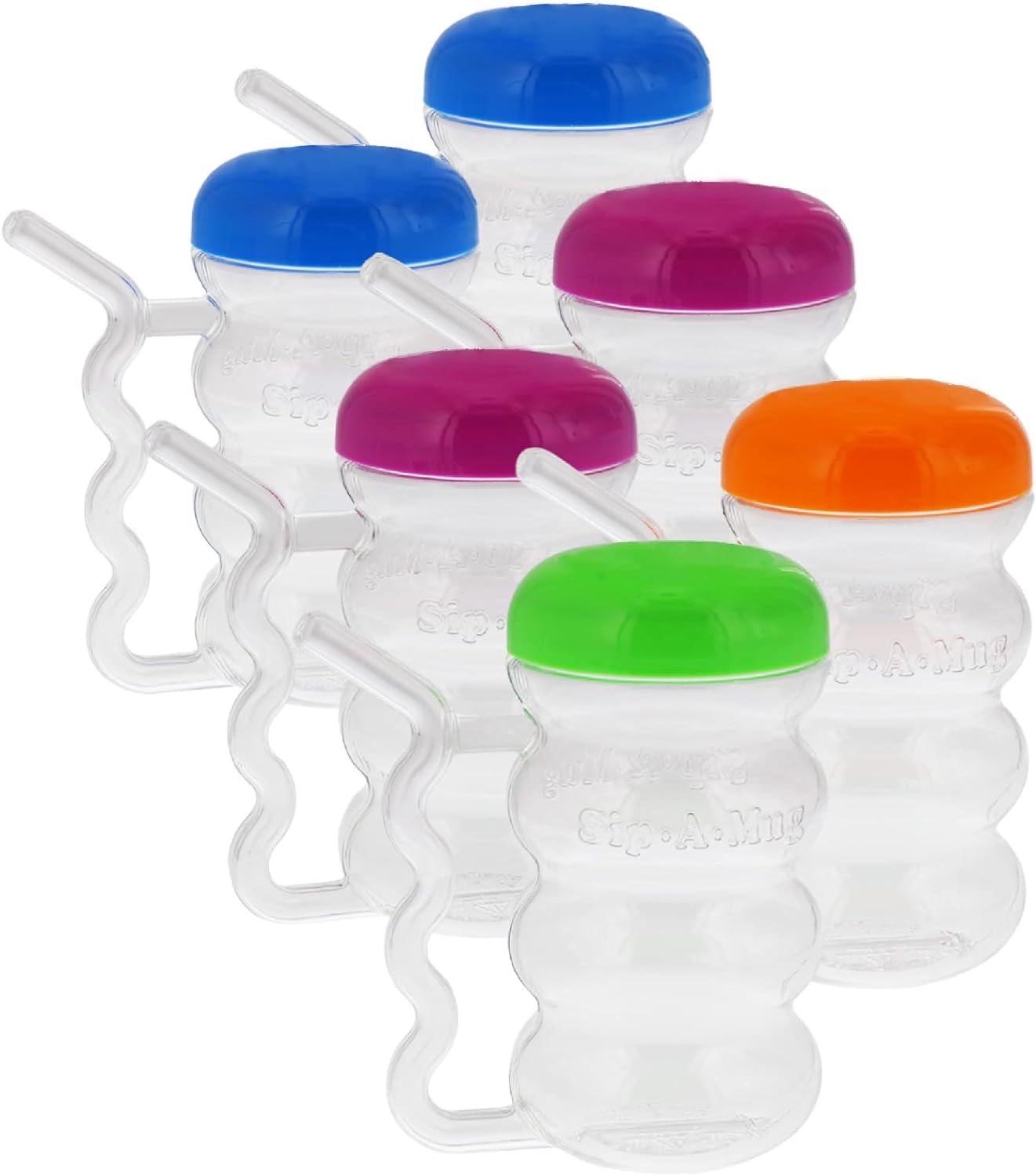Arrow Home Products Sip-A-Mug, 14oz, 6pk - Easy to Grip Plastic Kids Cup Where the Handle is the Straw - BPA-free with Screw-On Caps Great for Everyday Use, Made in the USA - Clear with Color Lids
