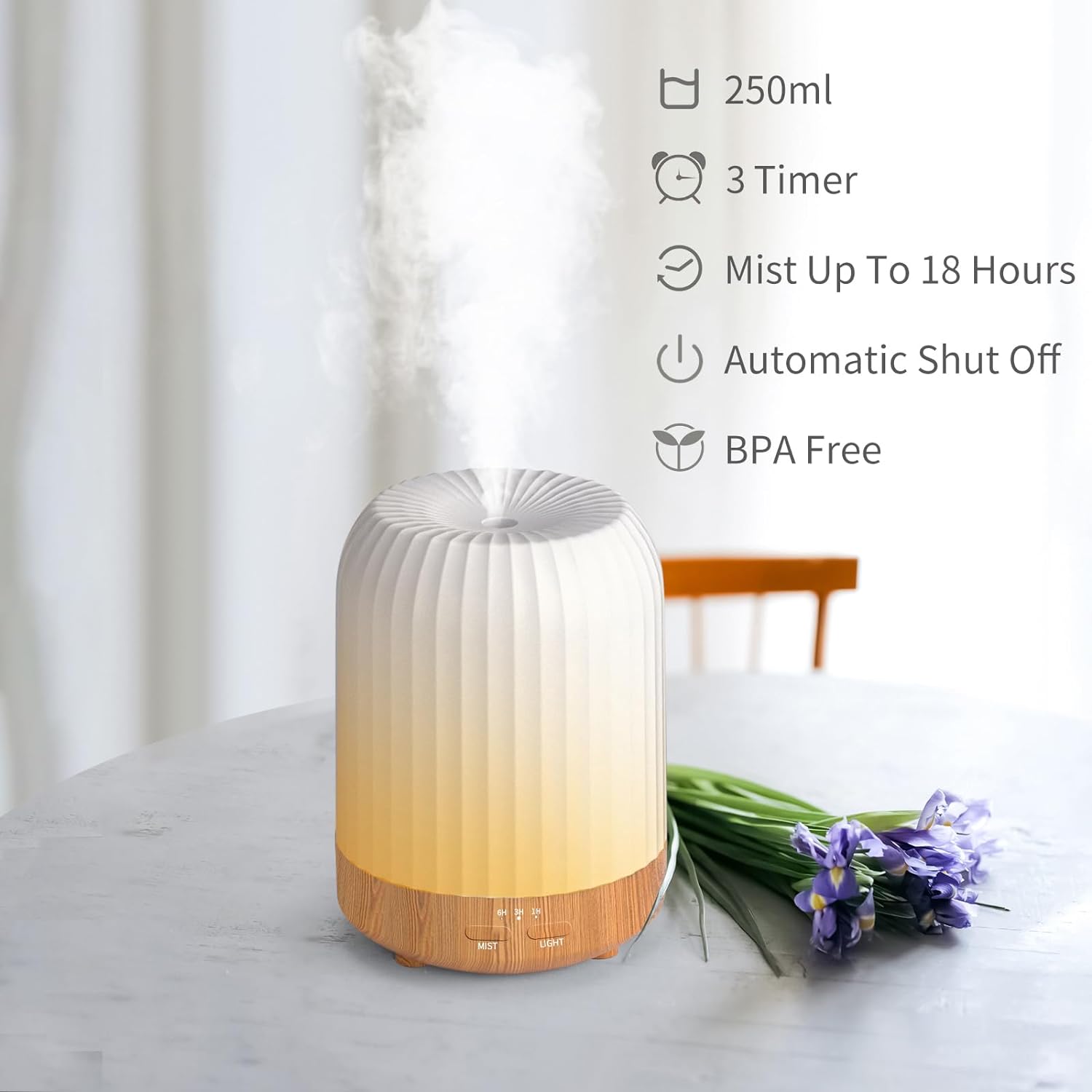BDXXJ Essential Oil Diffuser for Bedroom, Quiet Humidifiers for Home, Ultrasonic 250ML Small Aromatherapy Diffuser, 7 LED Color Safety Auto-Off Timer, for Large Baby Bedroom, Hotel, Plant, White