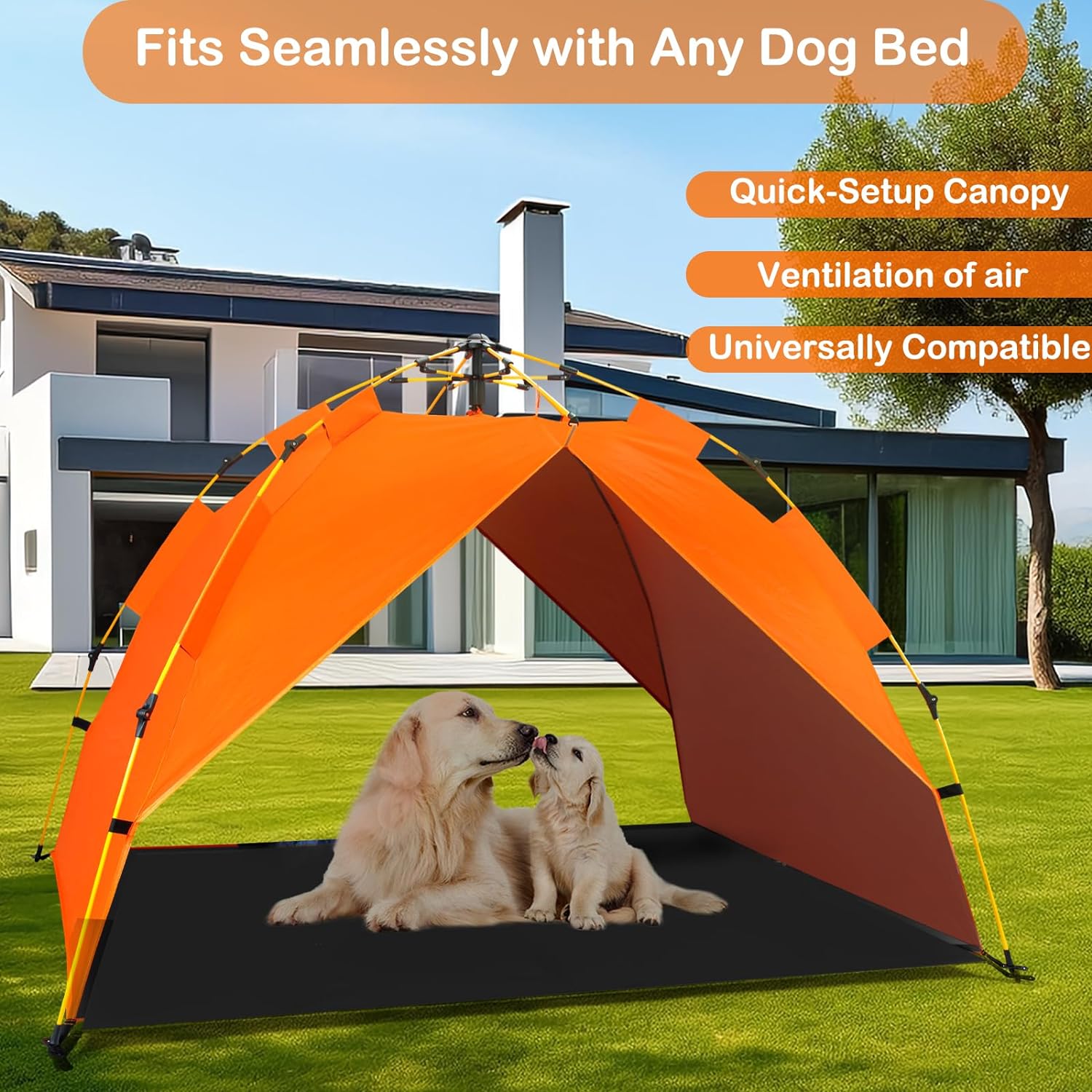 CAREDPETS Dog Canopy Shade Shelter Tent for Large XL XXL Elevated Raised Dog Bed Cots,Outside Pet Sun Umbrella Outdoor Dog House, Quick Setup  No Assembly Needed, Orange 70X55 (Cots Not Included)