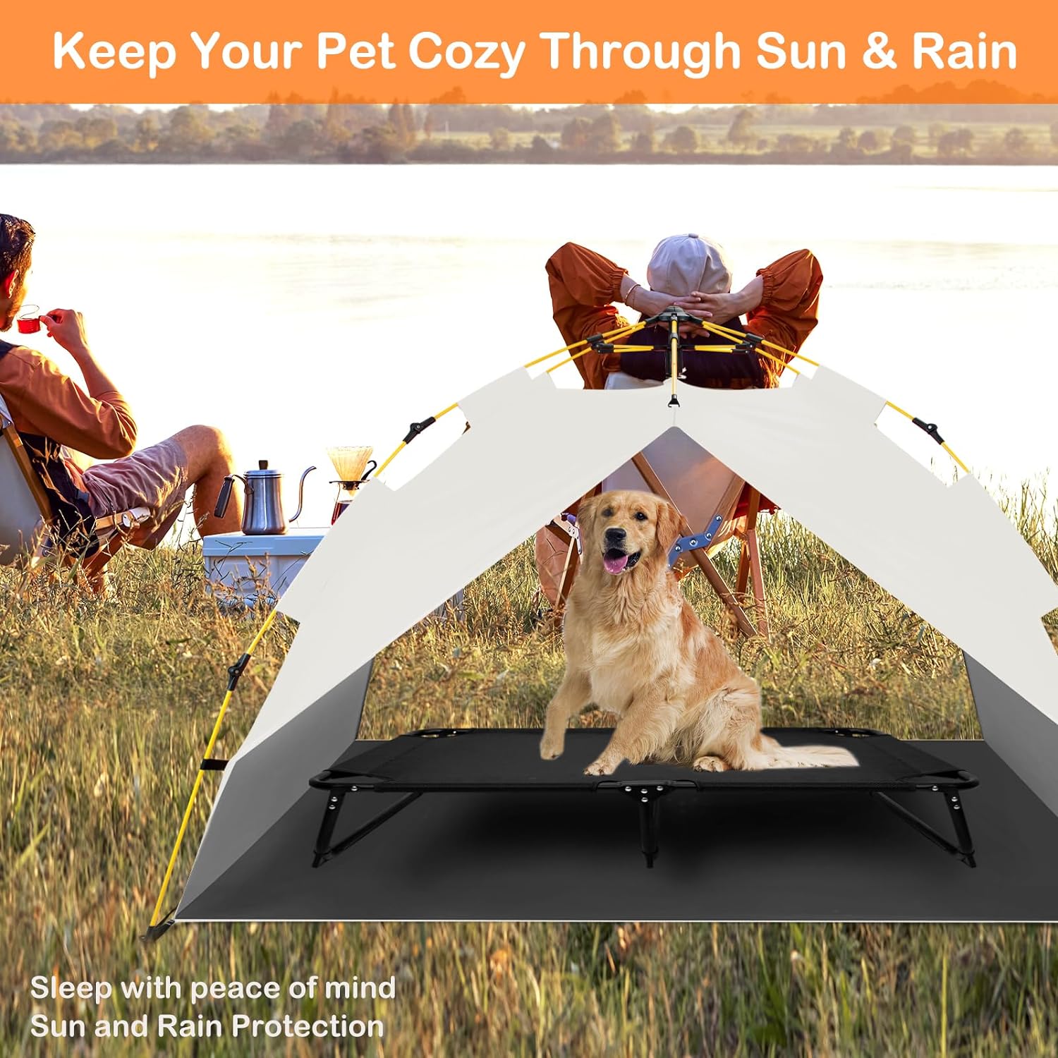 CAREDPETS Dog Canopy Shade Shelter Tent for Large XL XXL Elevated Raised Dog Bed Cots,Outside Pet Sun Umbrella Outdoor Dog House, Quick Setup  No Assembly Needed, Orange 70X55 (Cots Not Included)
